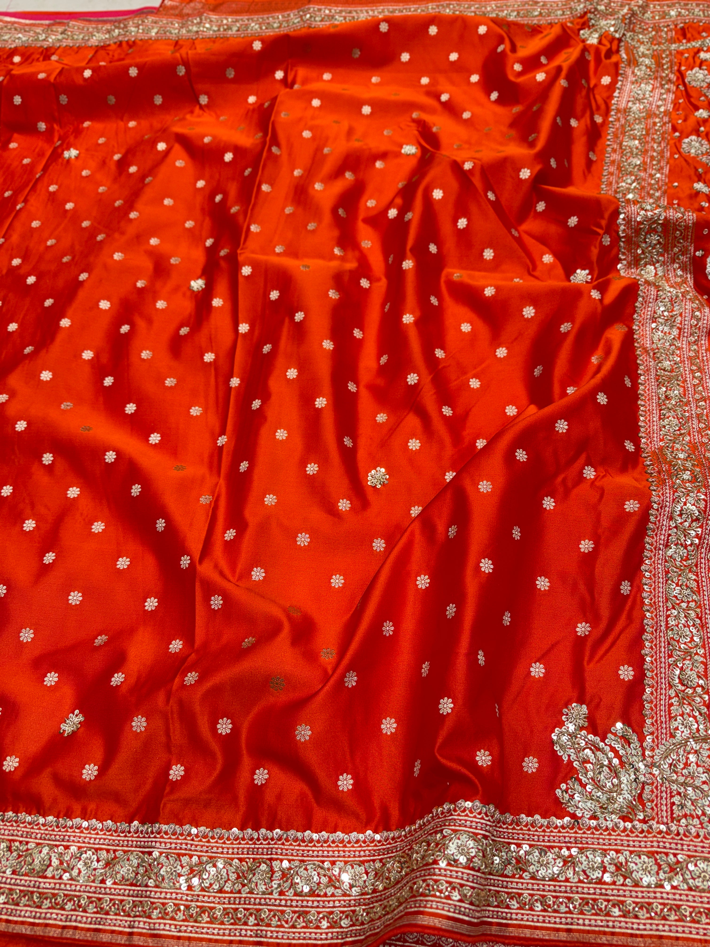 Rust Orange Banarasi Buttis Zardosi Hand Embroidery Saree
