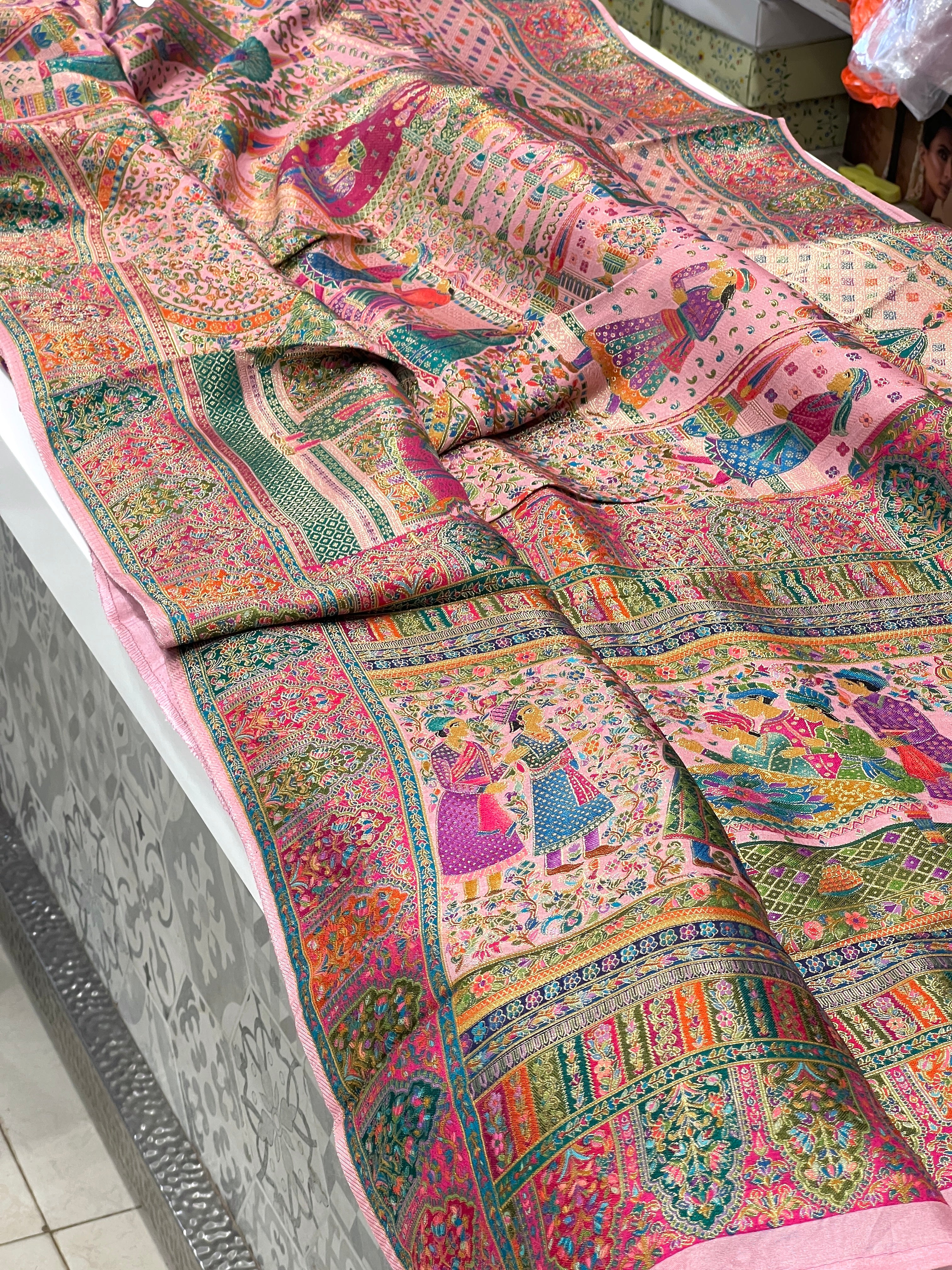 Baby Pink Pashmina Style Darbar Silk Saree
