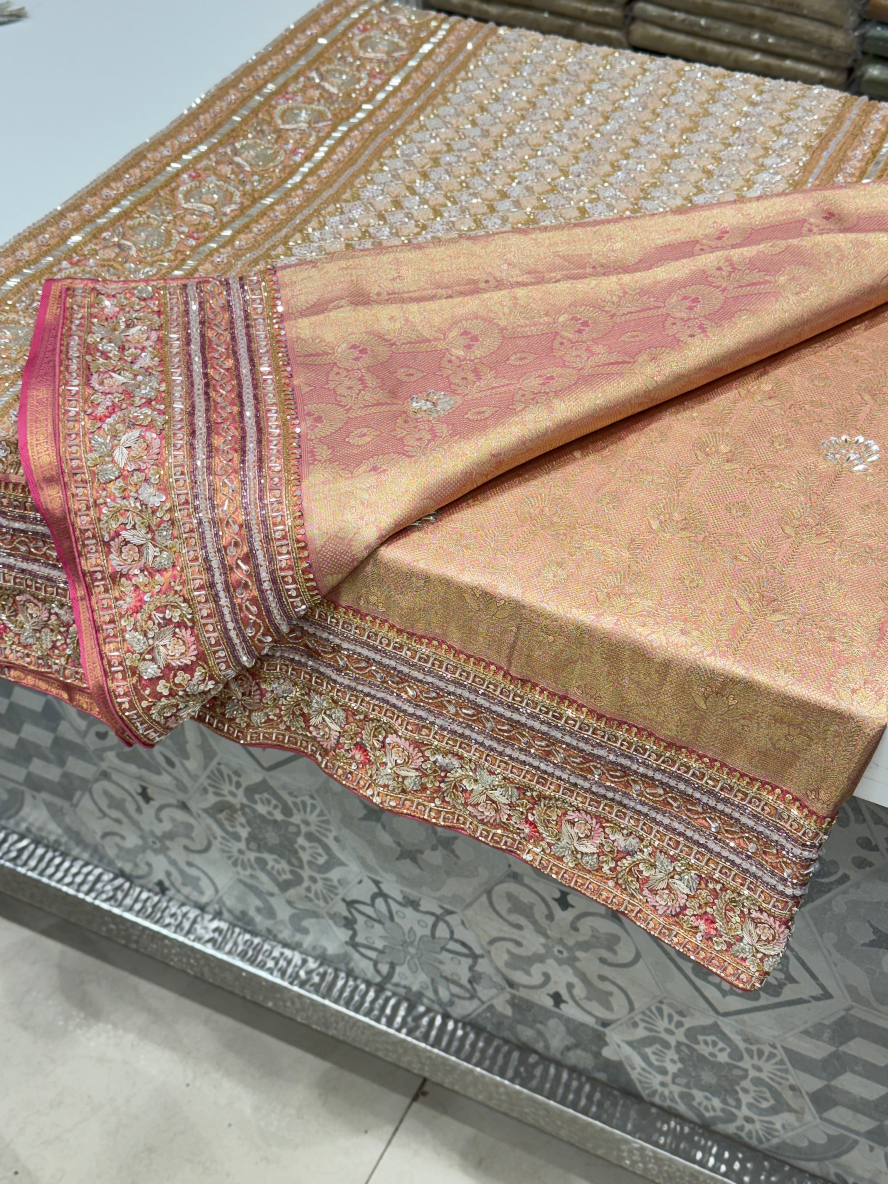 Pink Handloom Kanjivaram Hand Embroidery Saree
