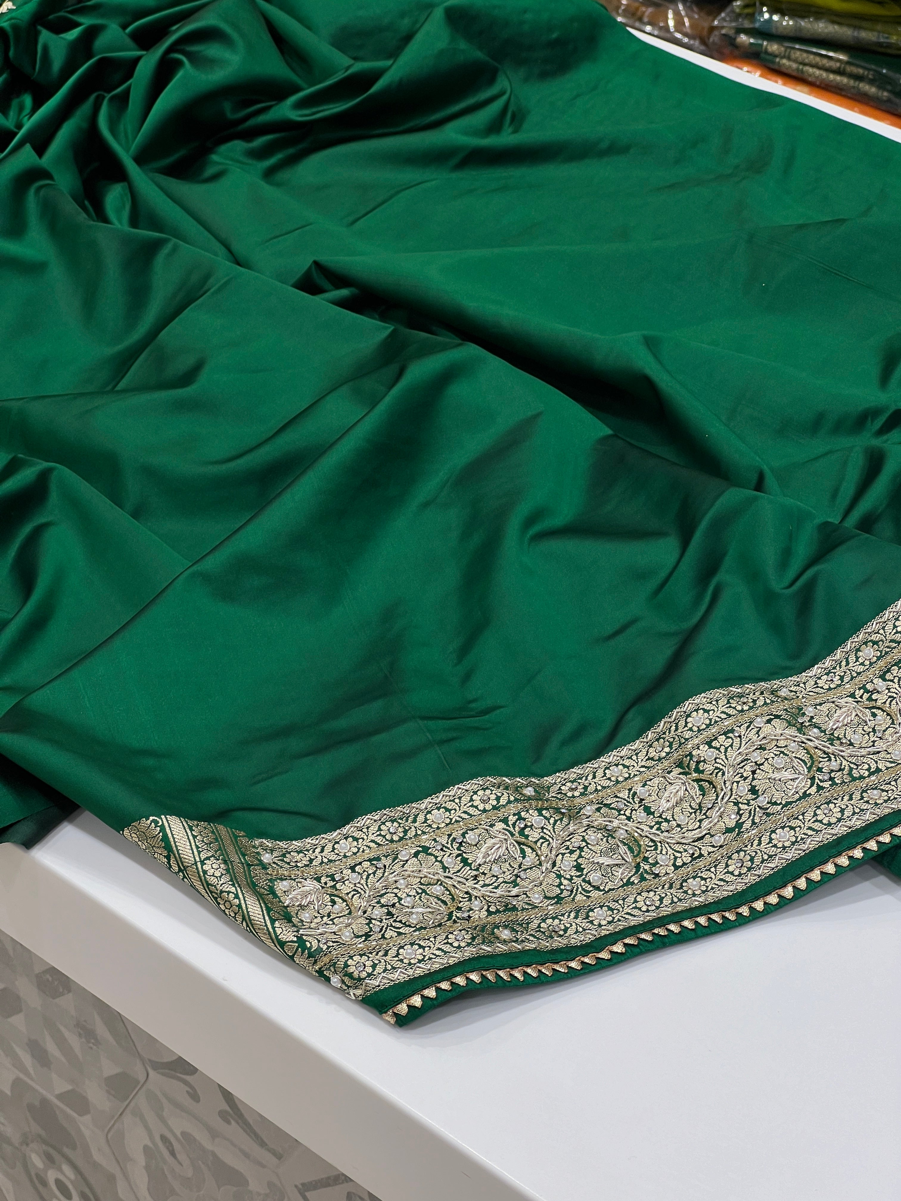 Bottle Green Banarasi Silk Chain Embroidery Saree