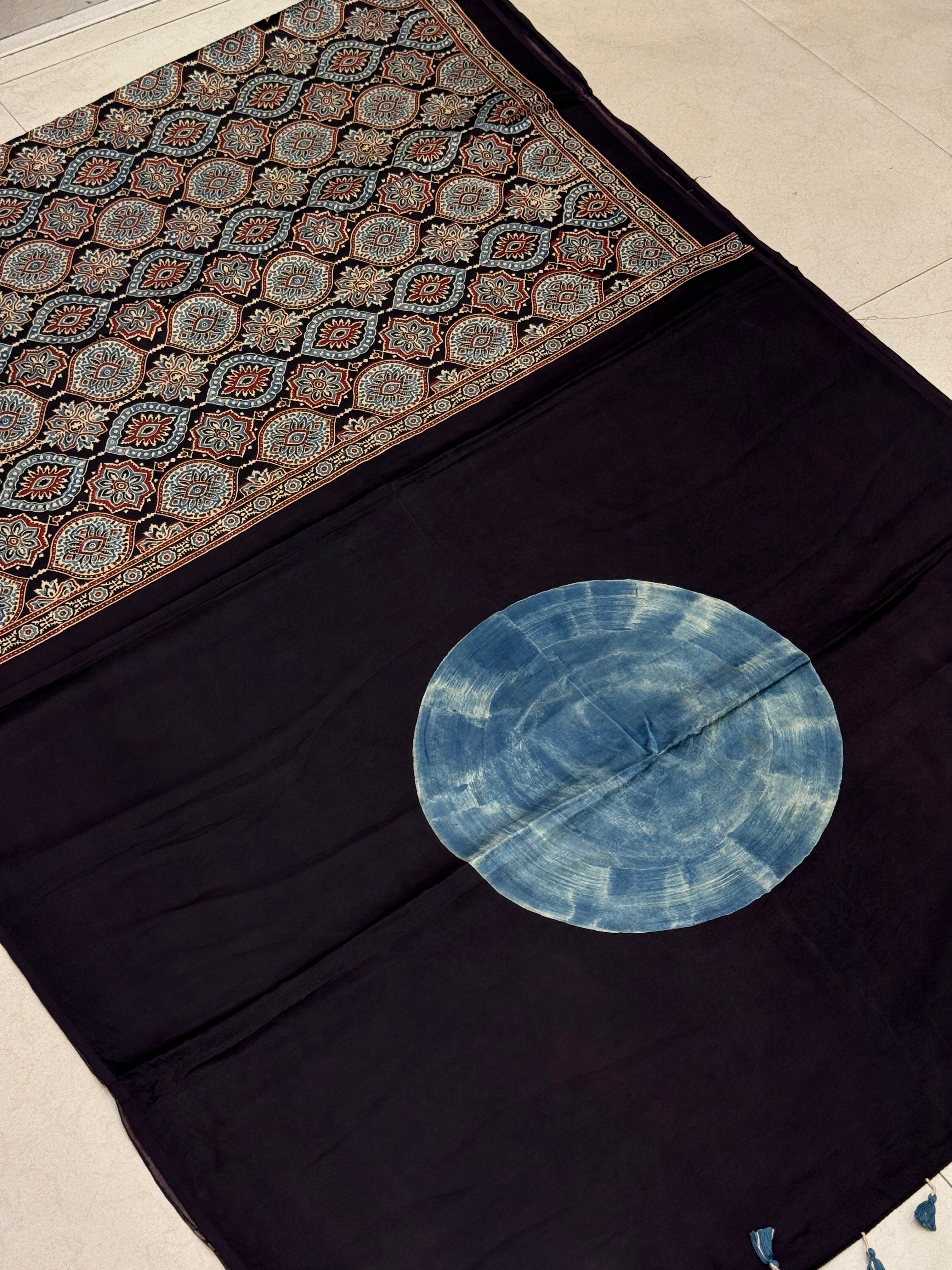 Blue Moon Pallu Ajrakh Modal Gajji Silk Saree