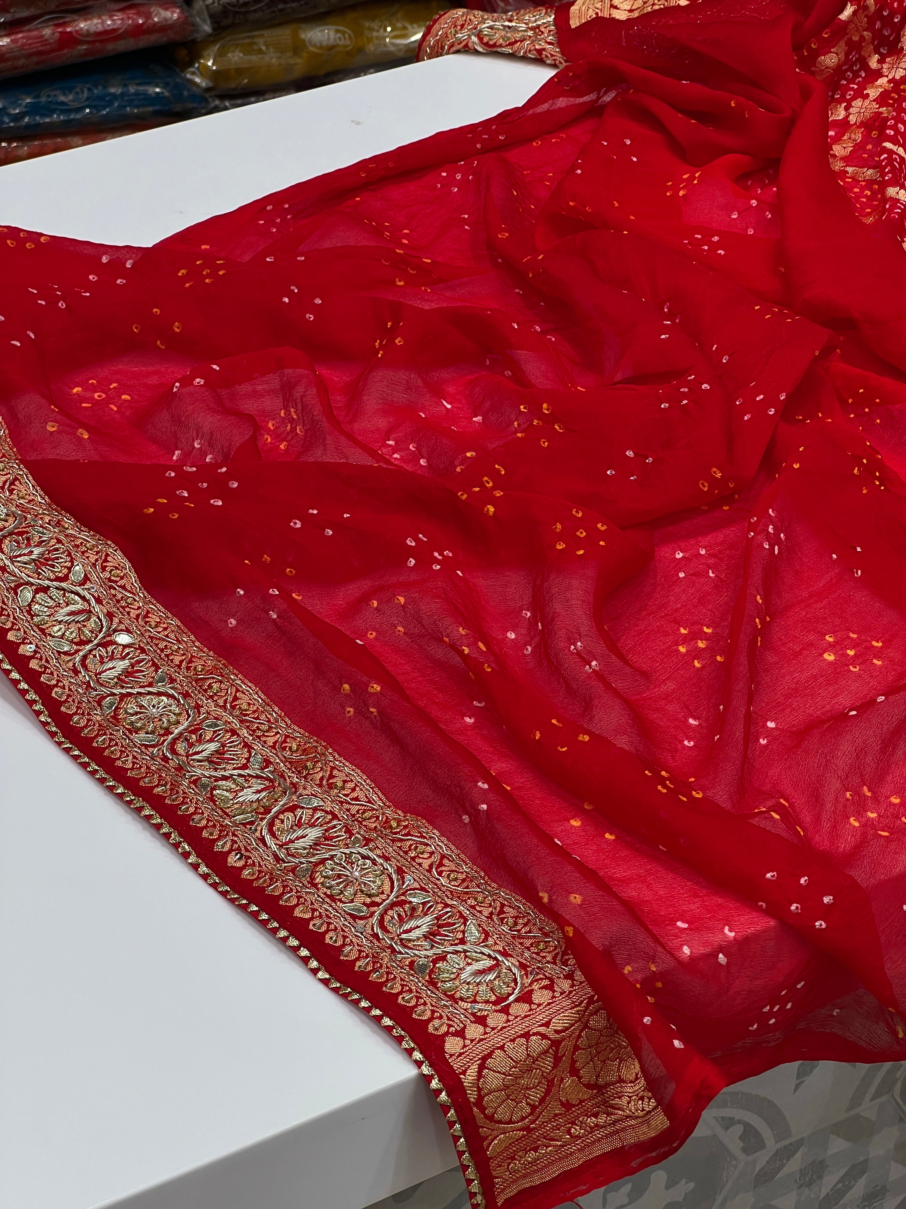 Red Bandhej Resham Zardozi Hand Embroidery Saree
