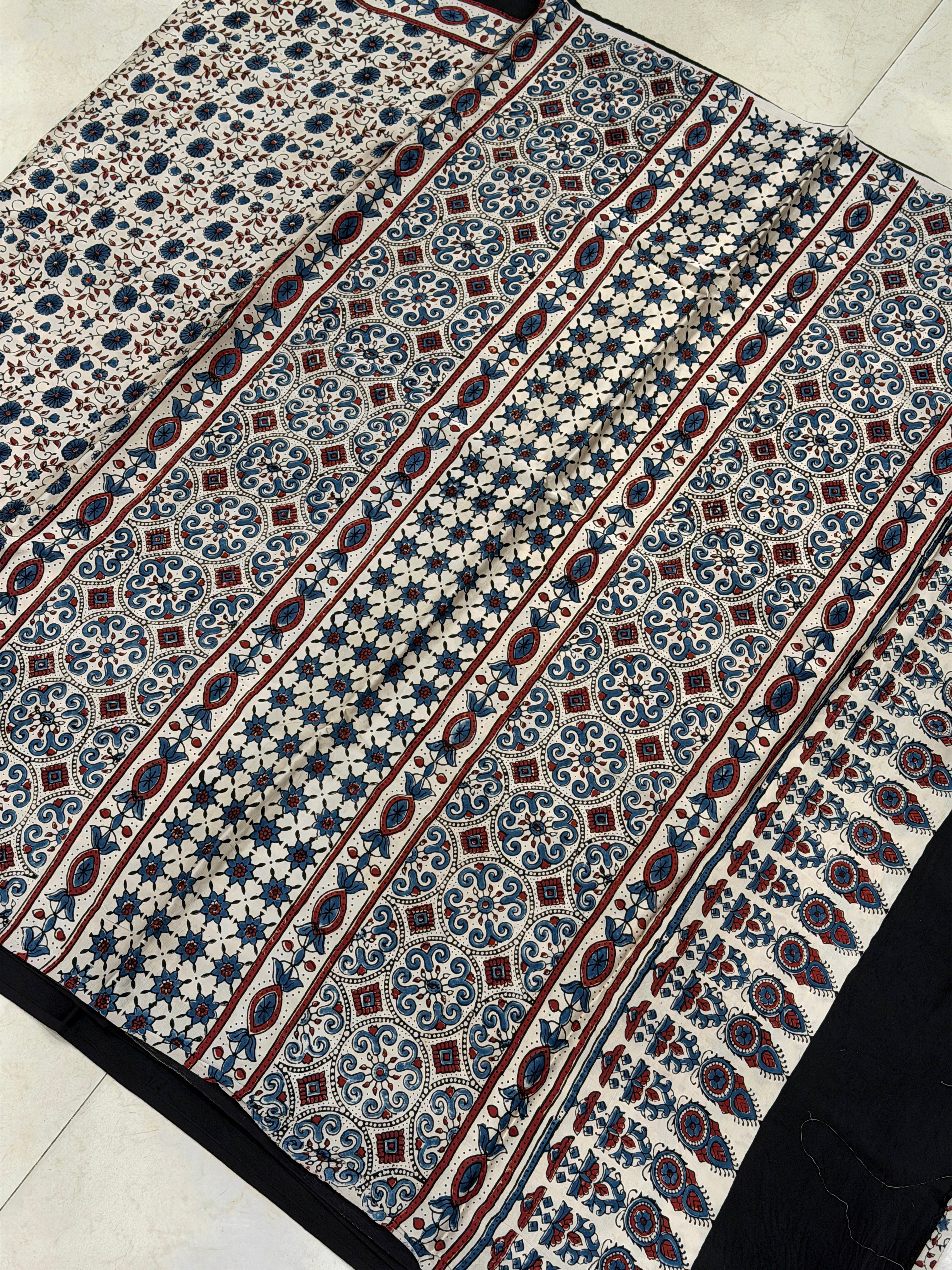 White Blue Flower Jaal Ajrakh Hand Block Print Pure Modal Silk Saree