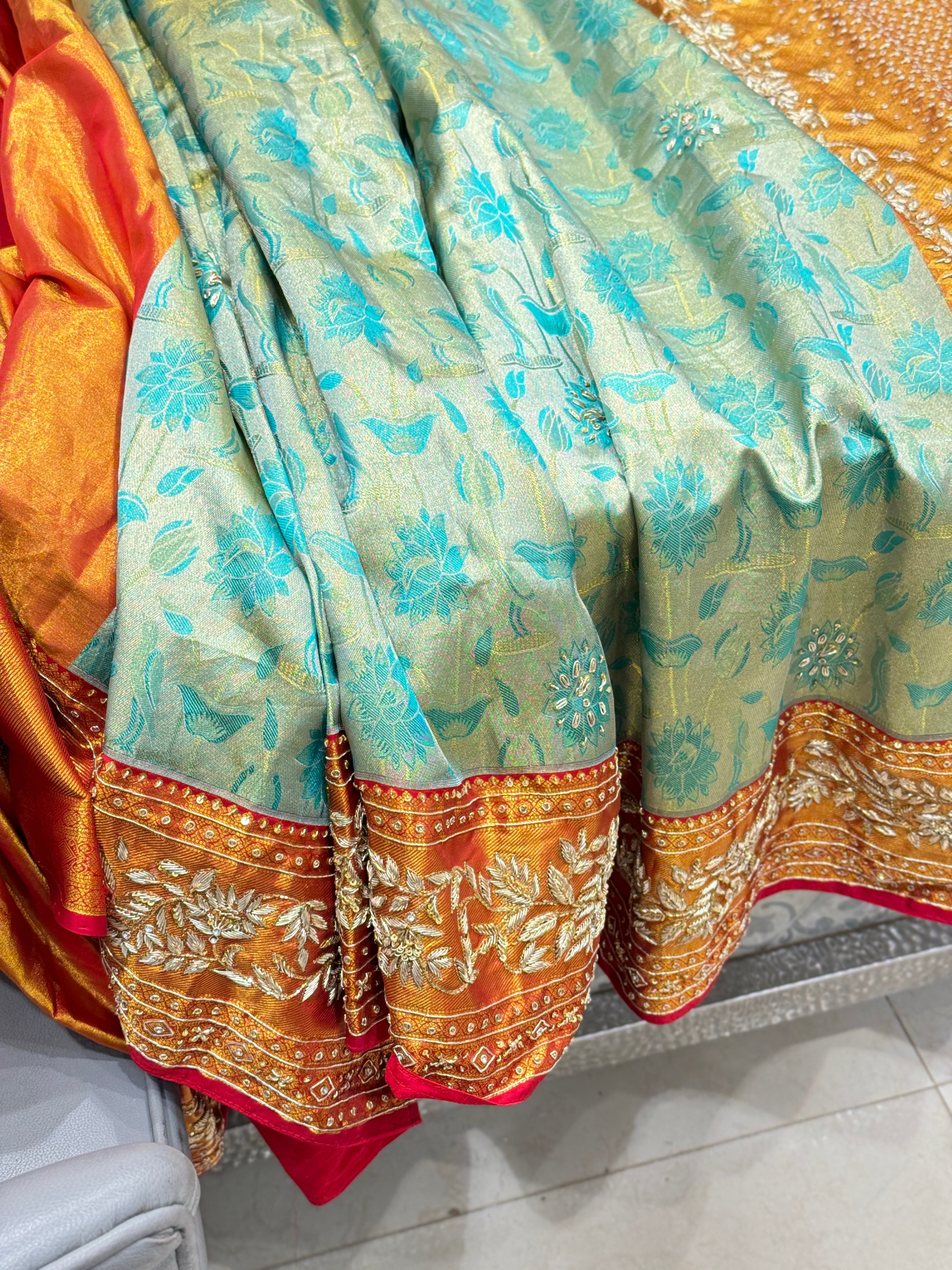 Sea Green Kanjivaram Hand Embroidery Zardosi Saree