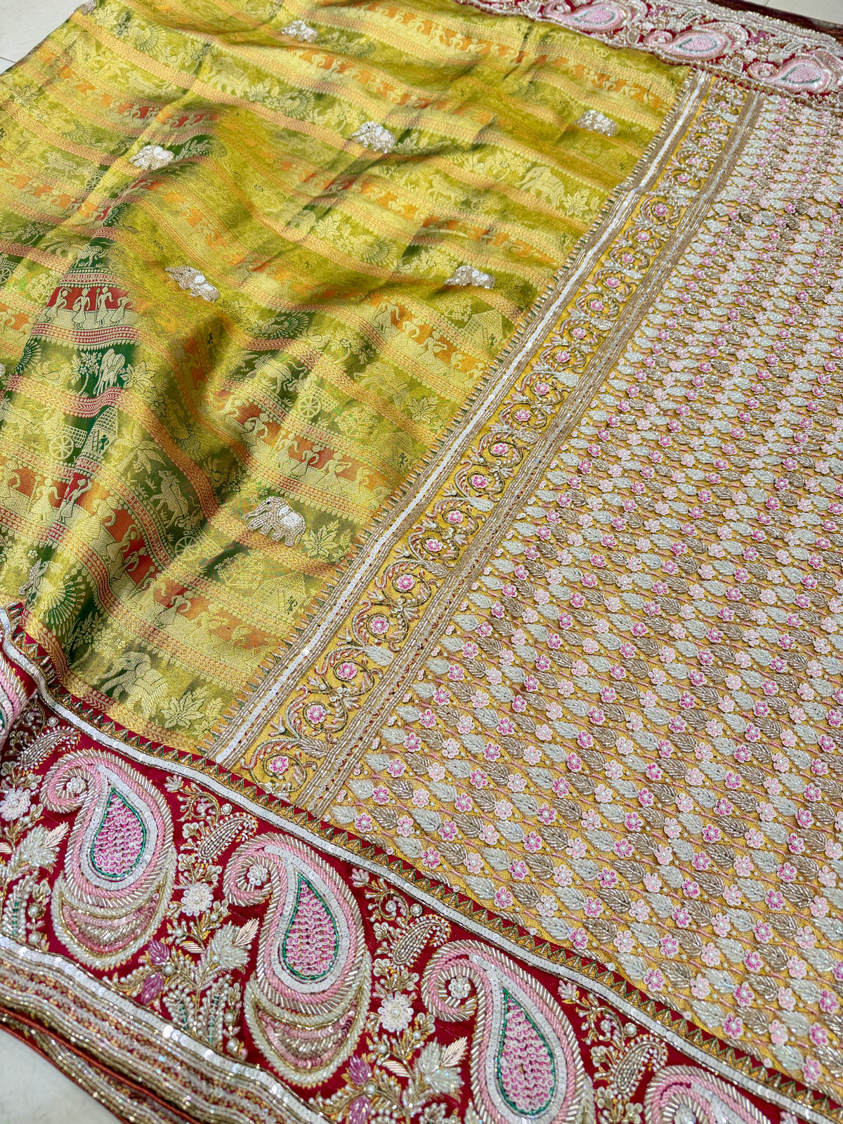 Green Meenakari Tissue Kanjivaram Zardosi Moti Hand Embroidery Saree