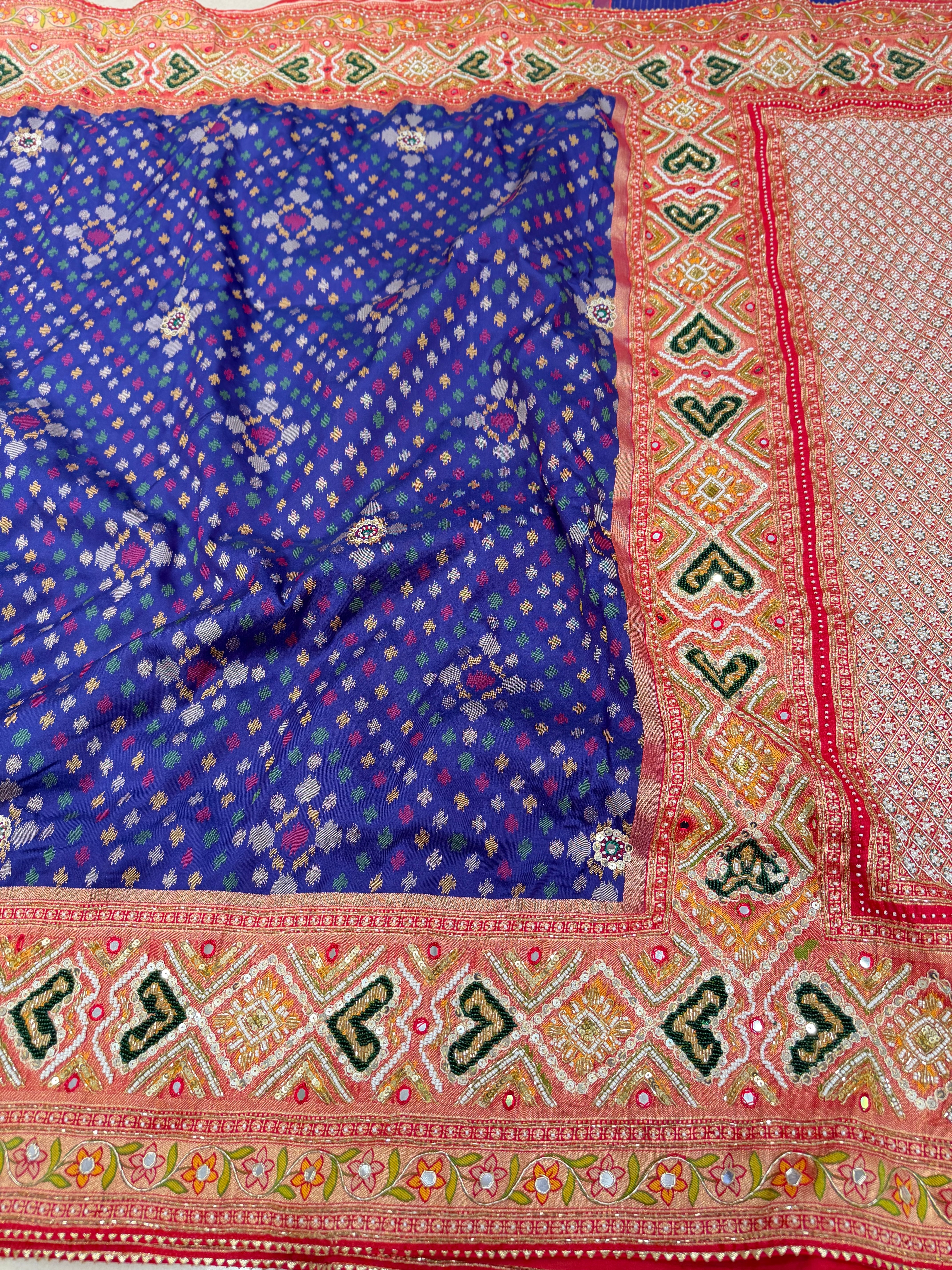 Blue Banarasi Ikat Patola Moti Hand Embroidery Saree
