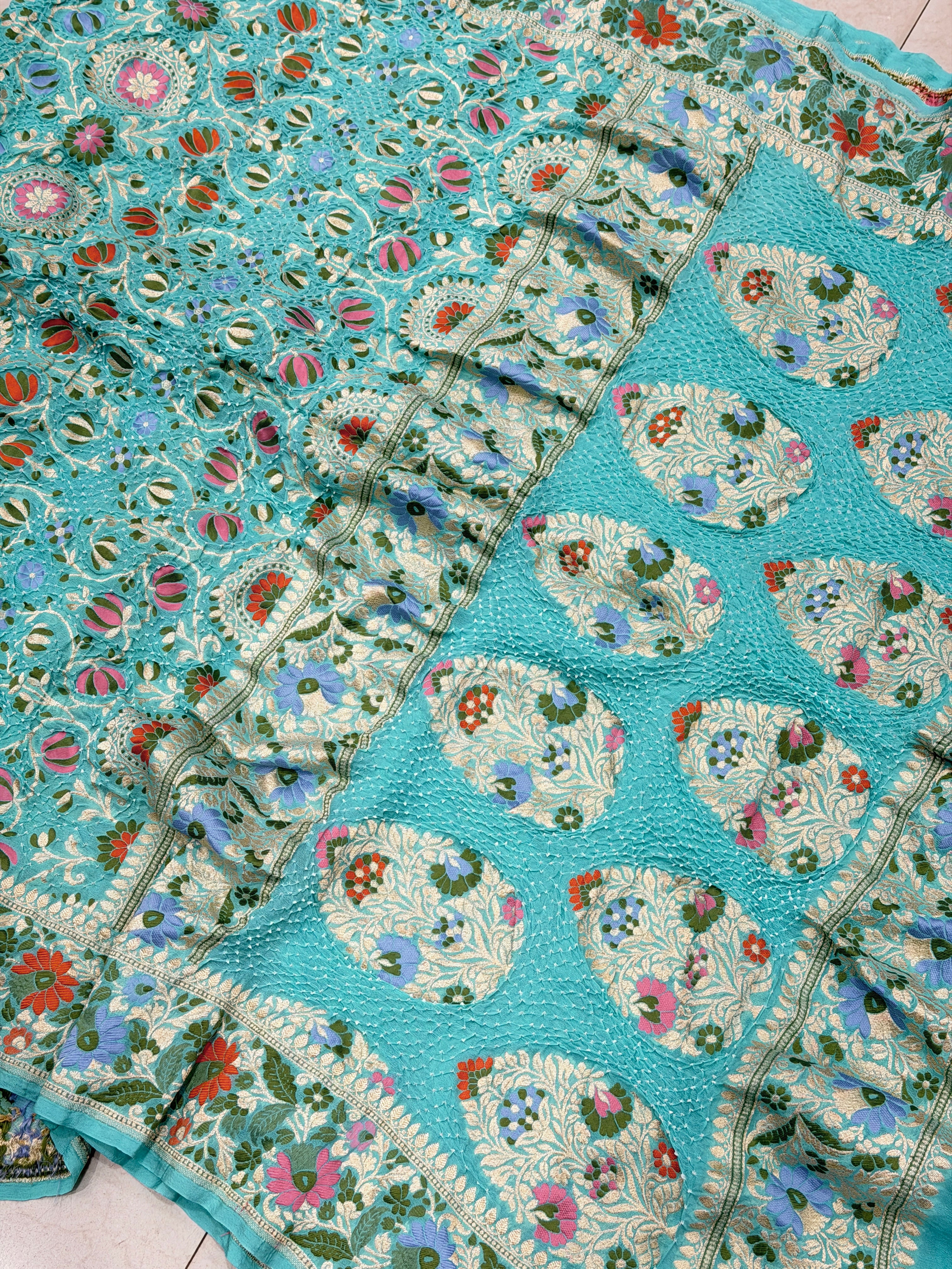 Turquoise Meenakari Jaal Pure Handloom Georgette Bandhej Georgette Saree