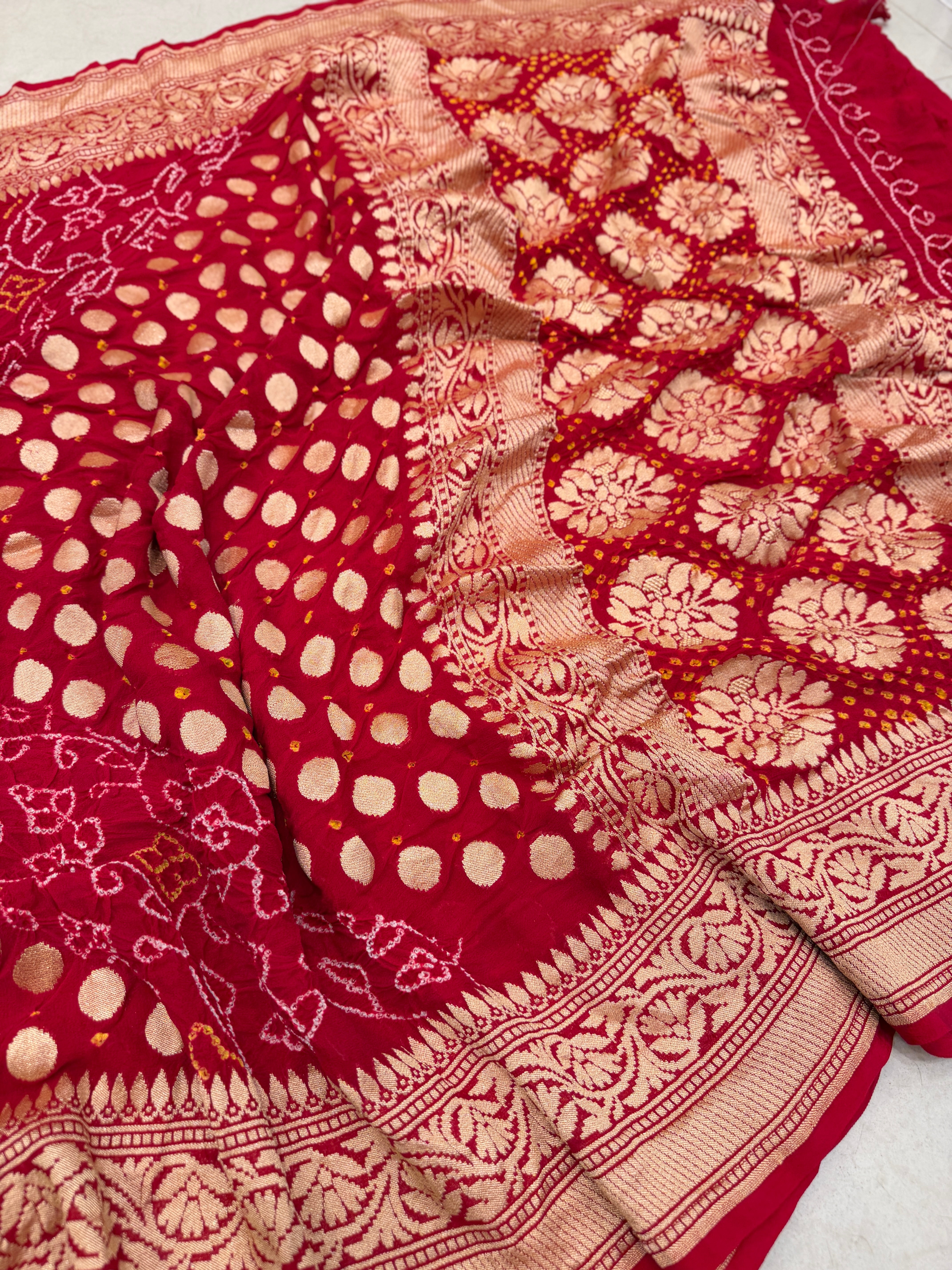 Red Metro Butti Rai Bandhej Banarasi Khaddi Georgette Saree