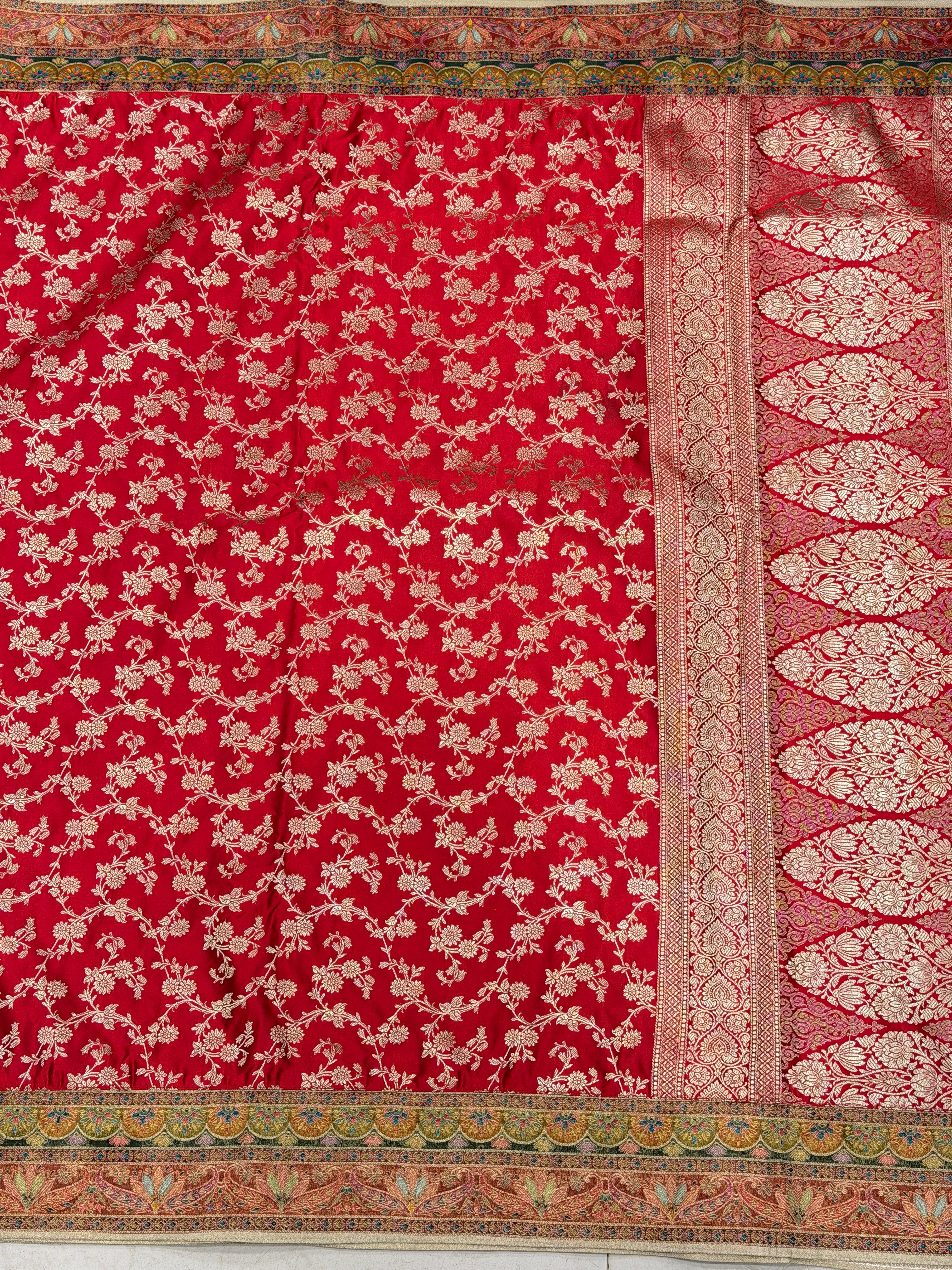 Red Fusion Banarasi Jaal Woven Silk Saree