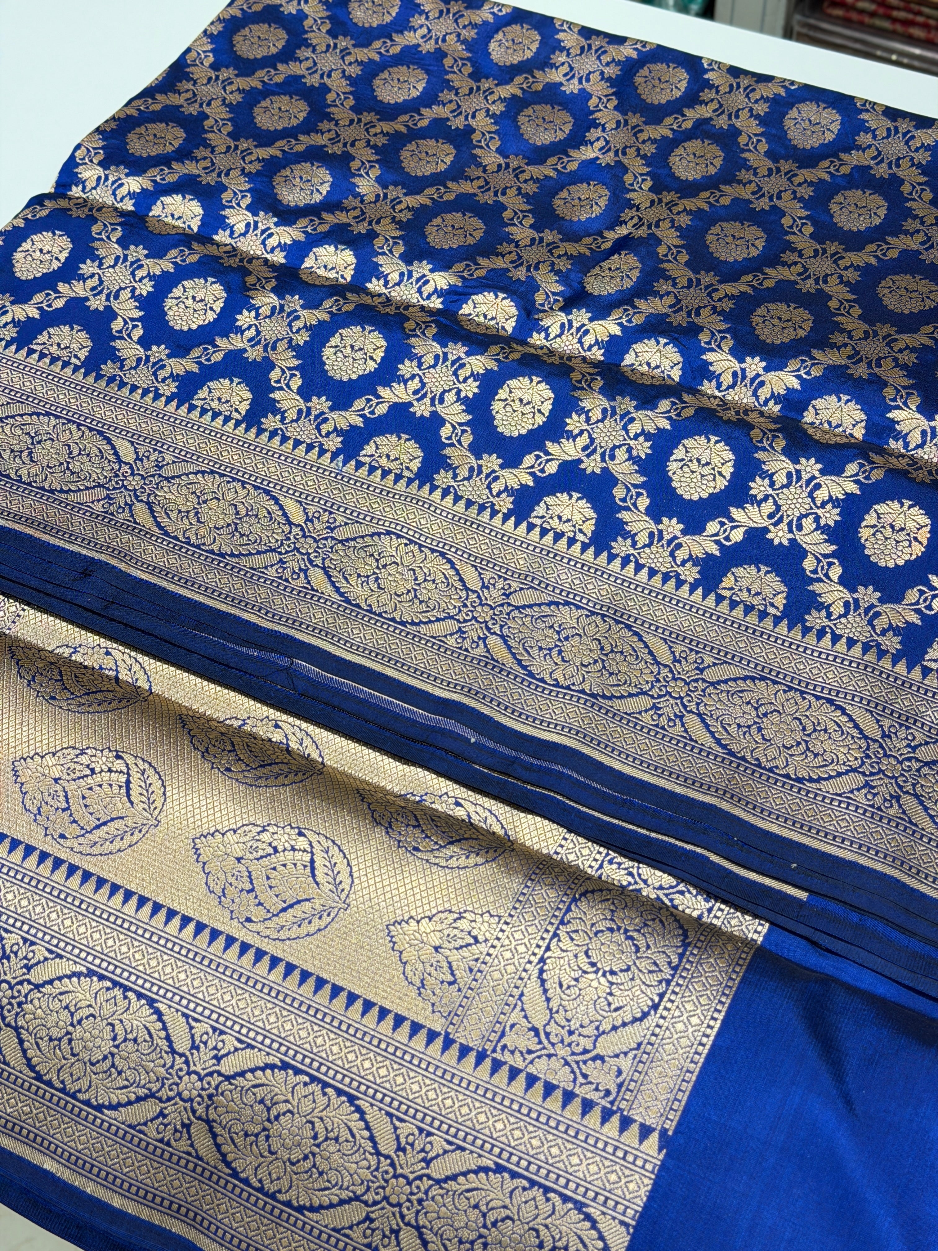 Blue Cross Jaal Handloom Banarasi Katan Silk Saree