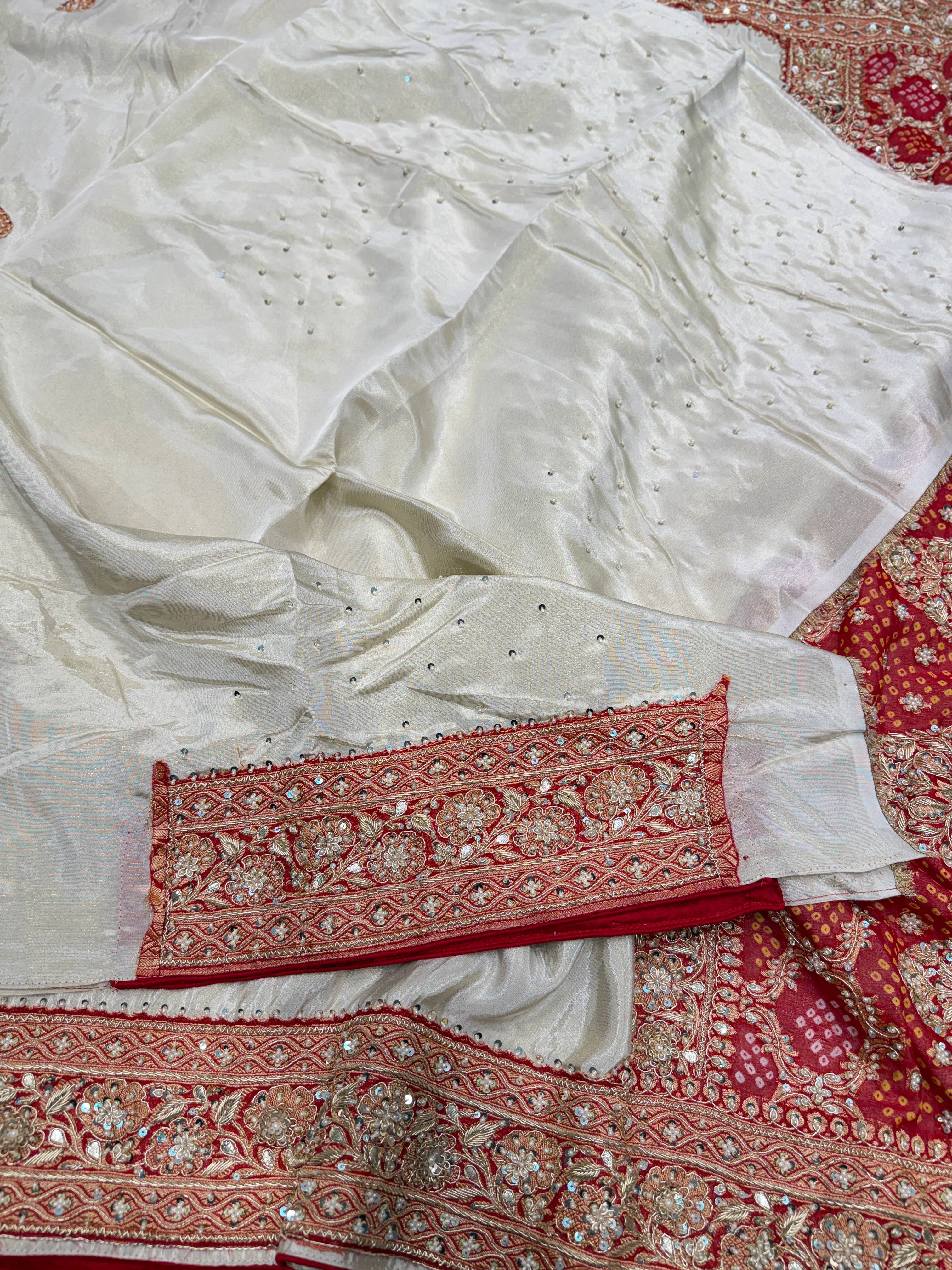 Ivory Banarasi Crepe Tissue Bandhej Patch Zardosi Hand Embroidery Saree