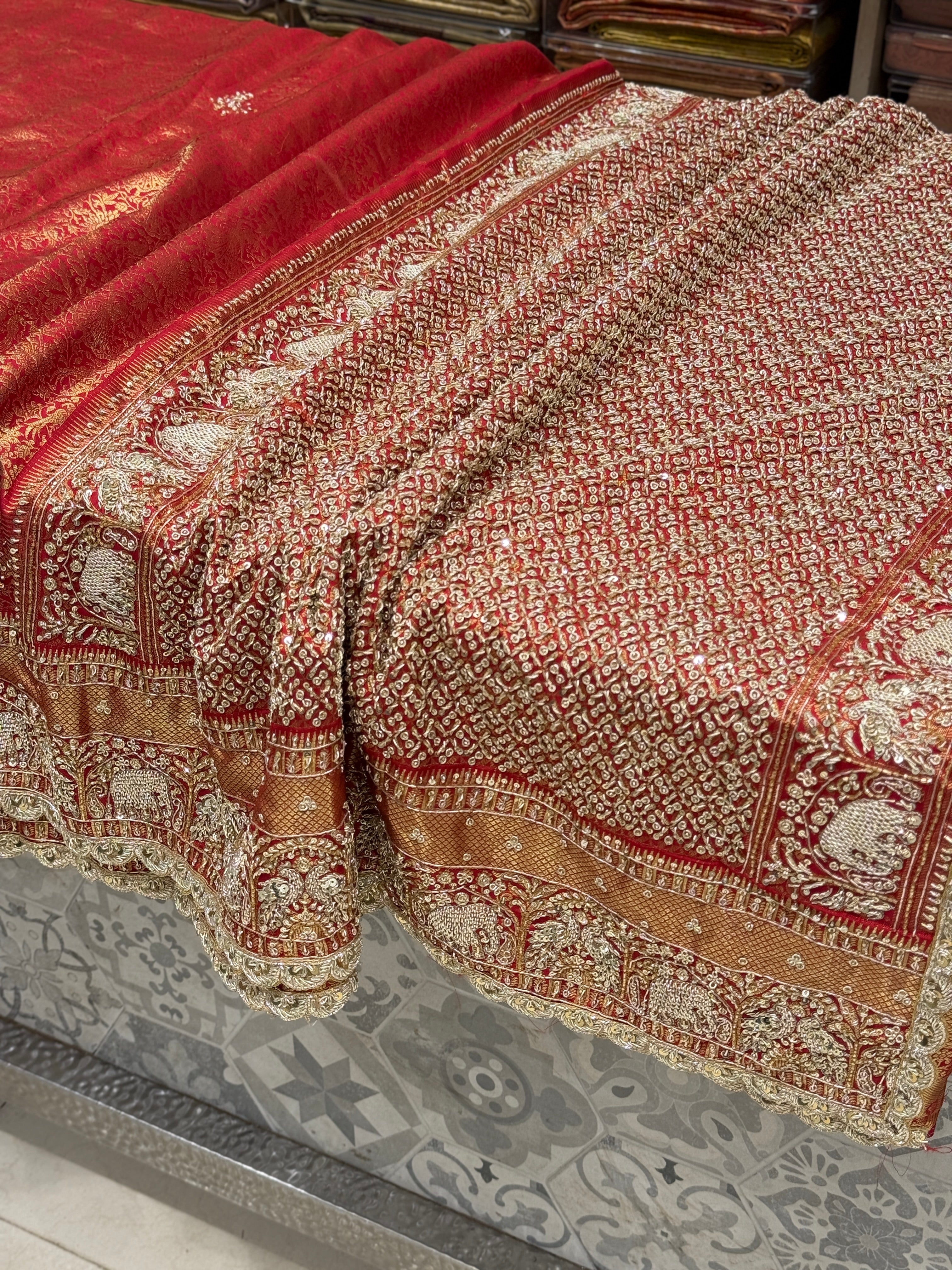 Red Kanjivaram Elephant Motif Zardozi Hand Embroidery Saree