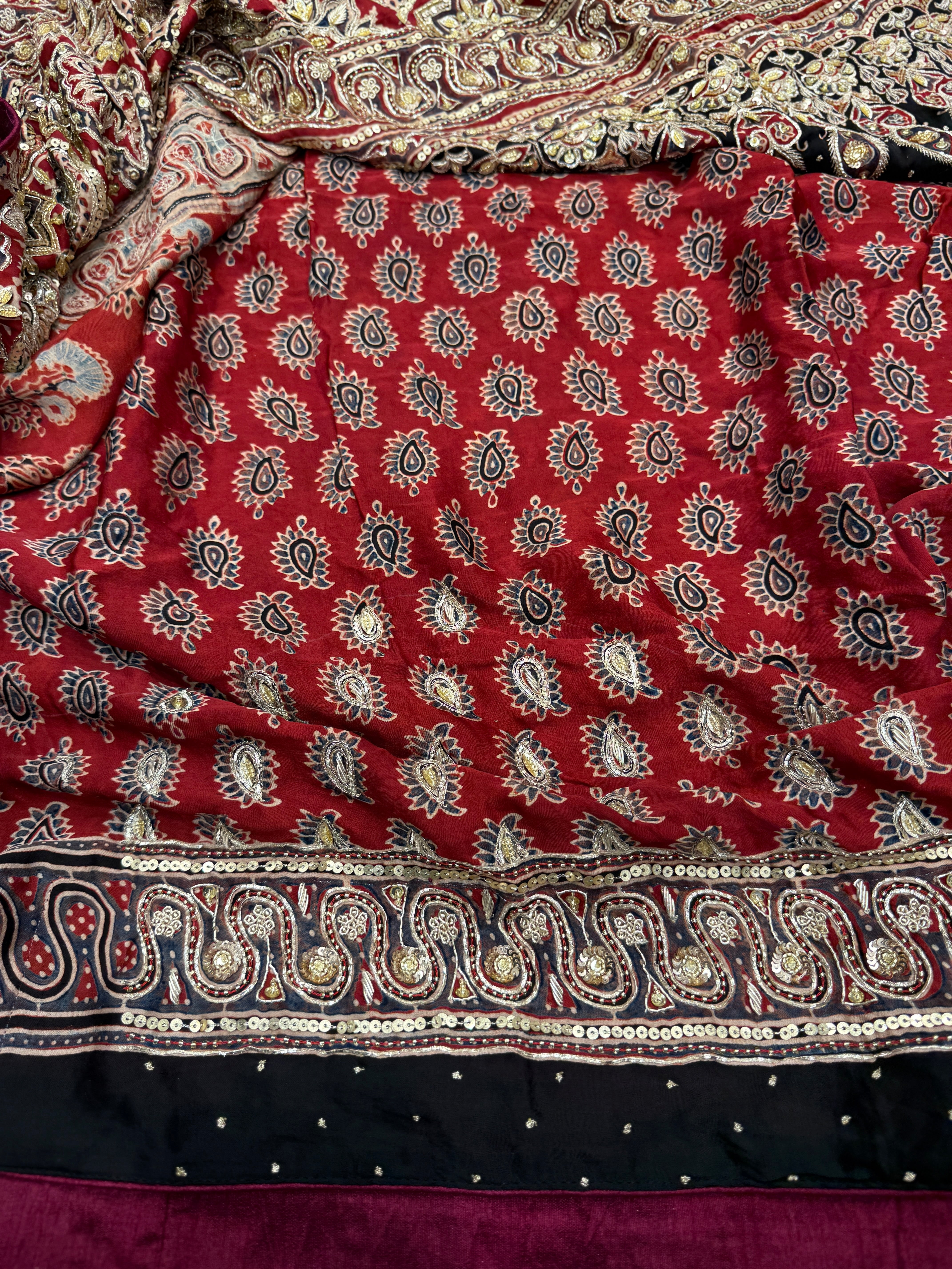 Red Buttis Pita Zardosi Sequin Ajrakh Hand Embroidery Saree