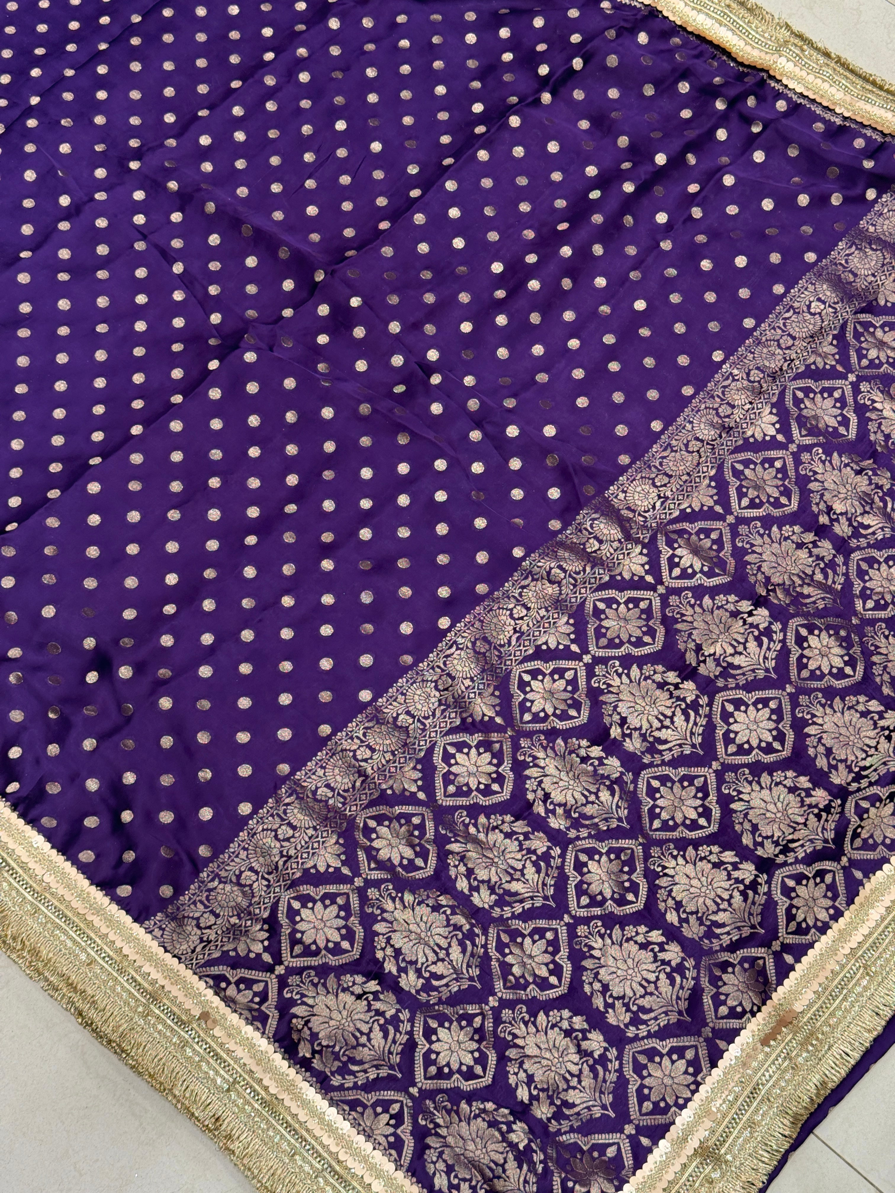 Violet Polka Dot Satin Silk Maharani Lace Saree
