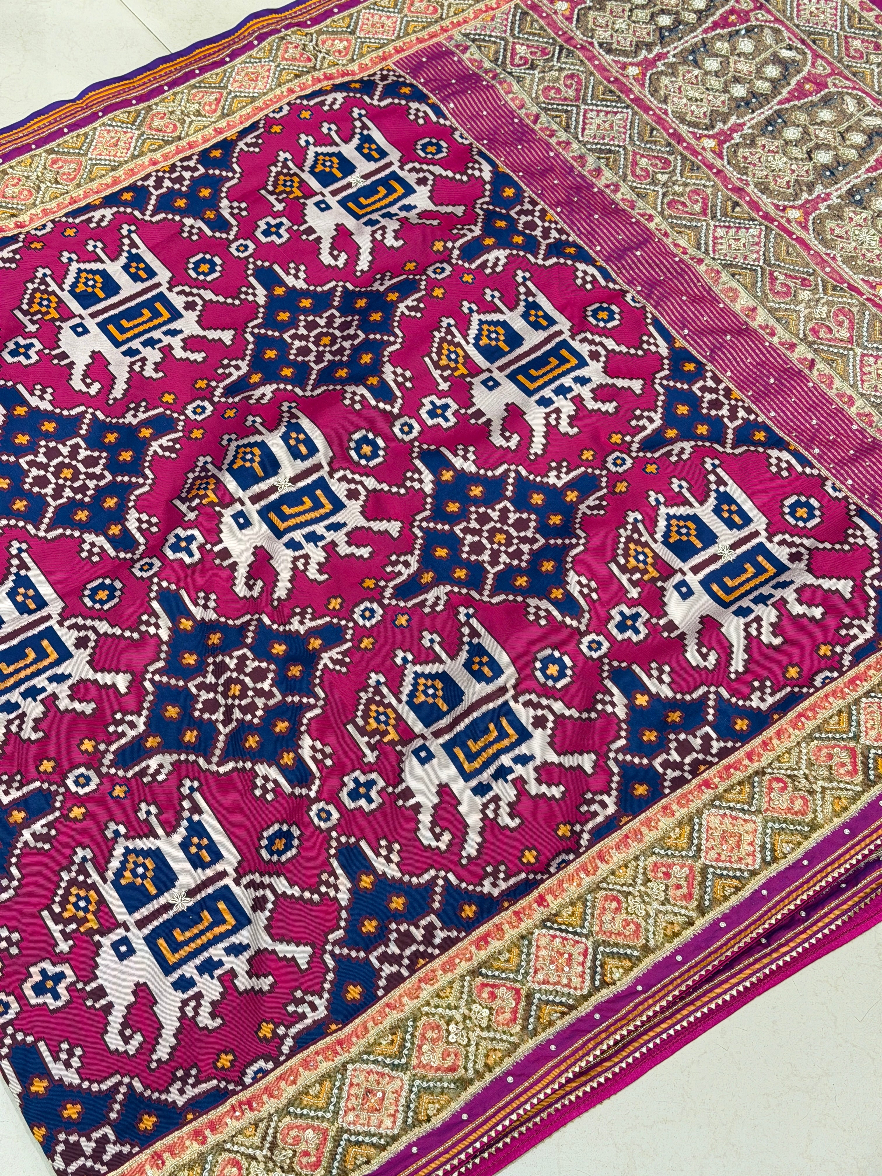 Blue Magenta Chabdi Elephant Patola Zardosi Hand Embroidery Saree
