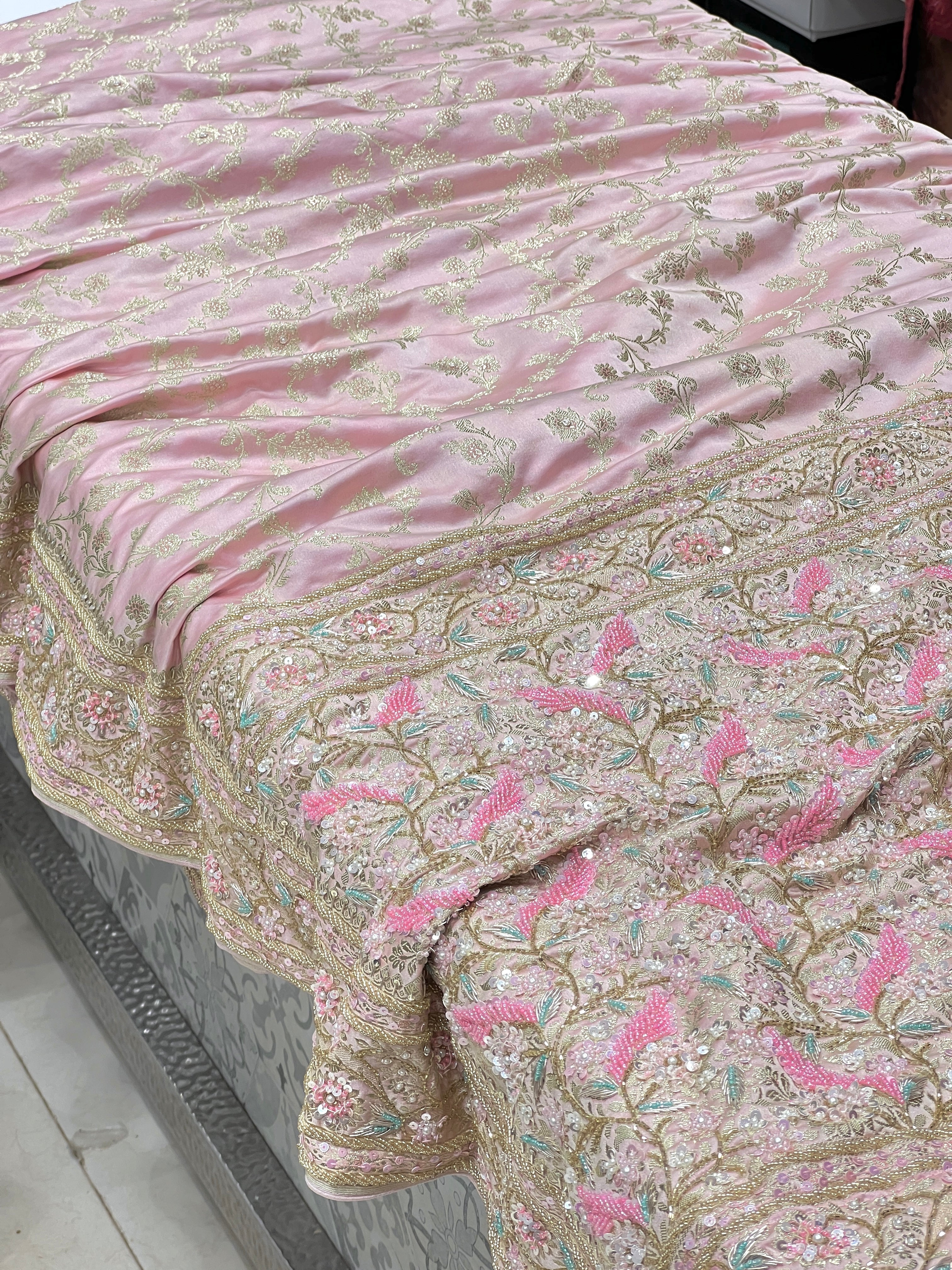 Pink Banarasi Upside Down Border Fancy Hand Embroidery Saree