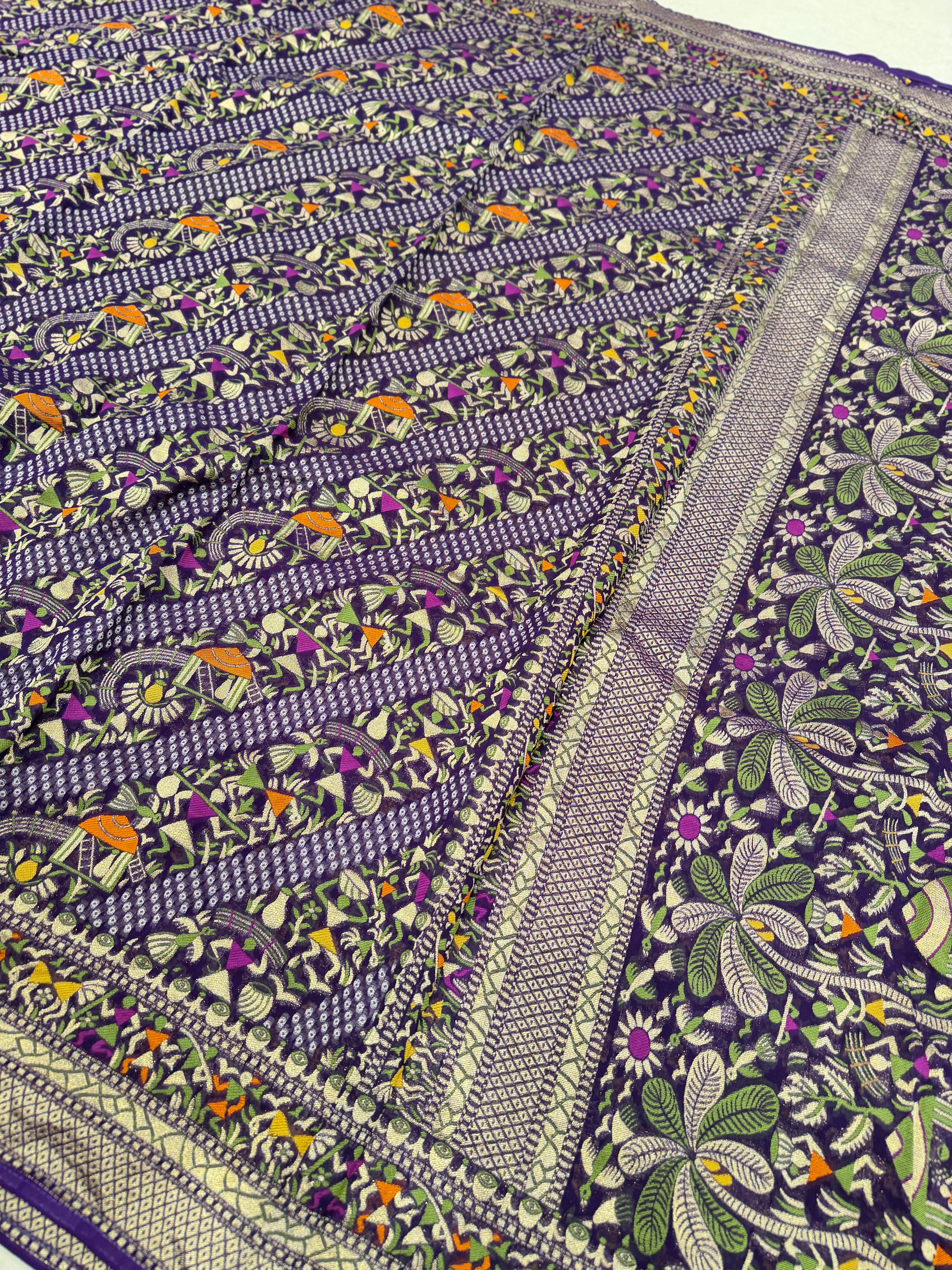 Violet Warli Style Woven Bandhej Georgette Saree