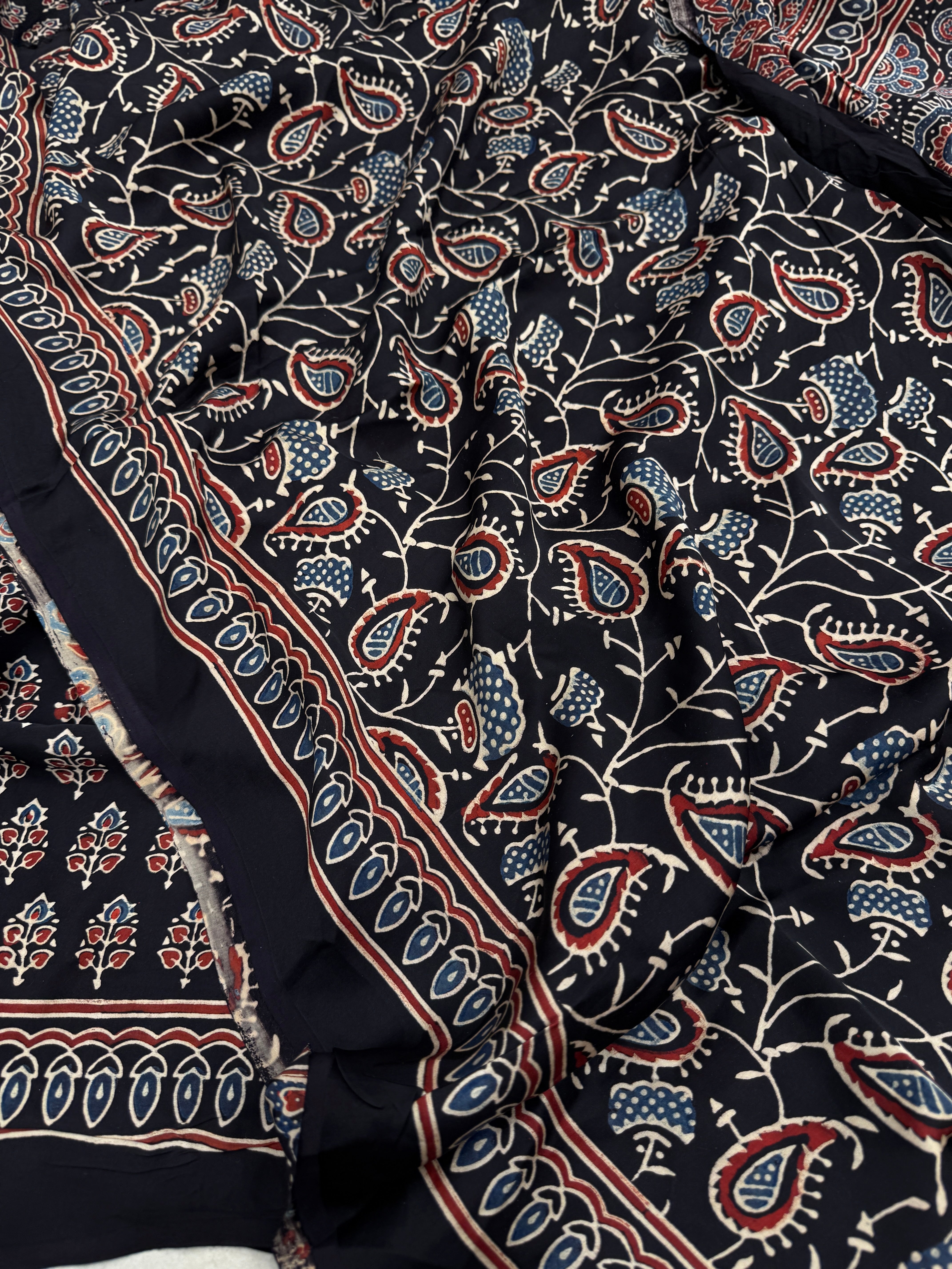 Black Blue Buttis Ajrakh Block Print Hand Pure Gajji Silk Saree