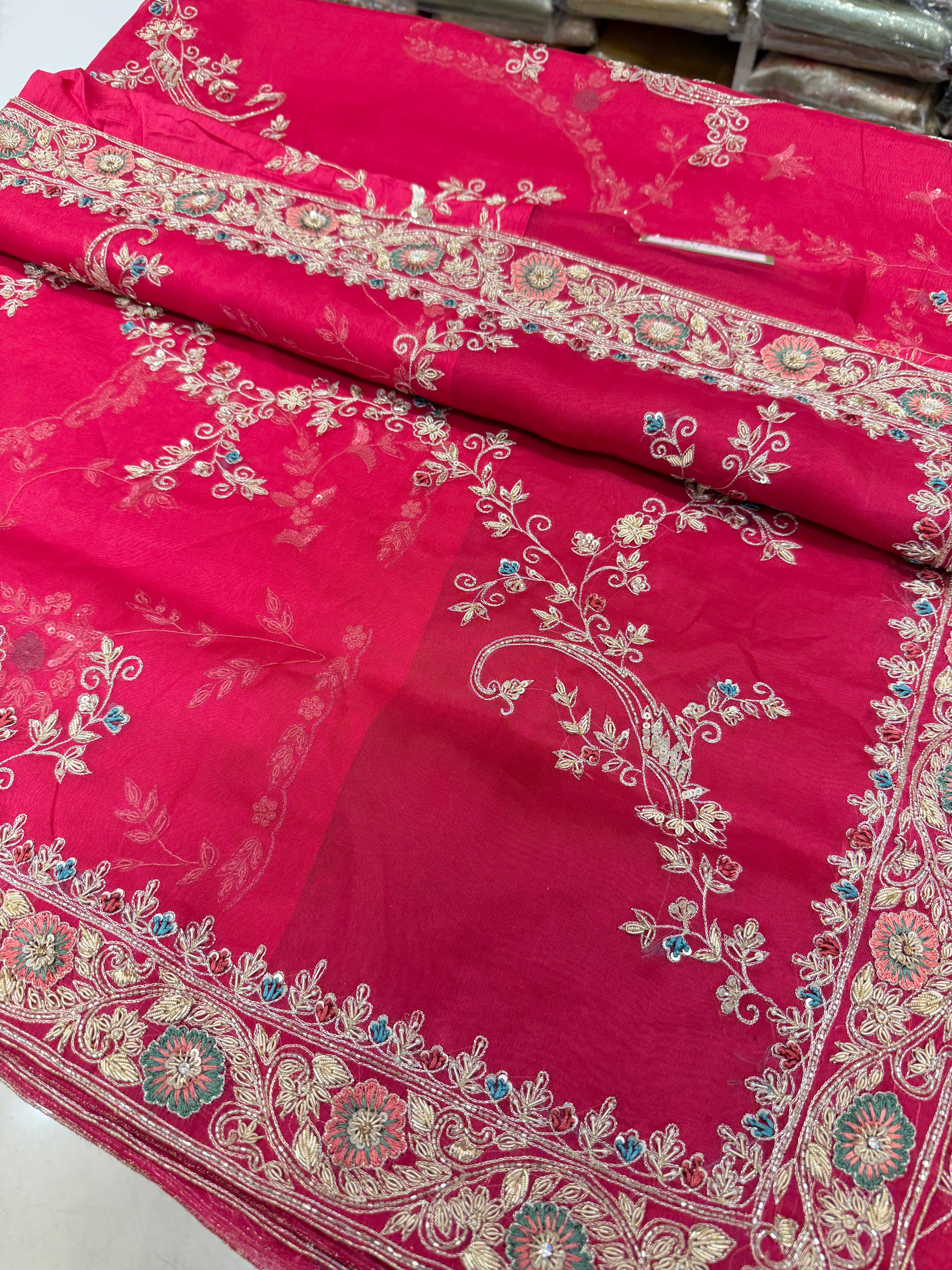 Rani Pink Organza Resham Zardosi Hand Embroidery Saree