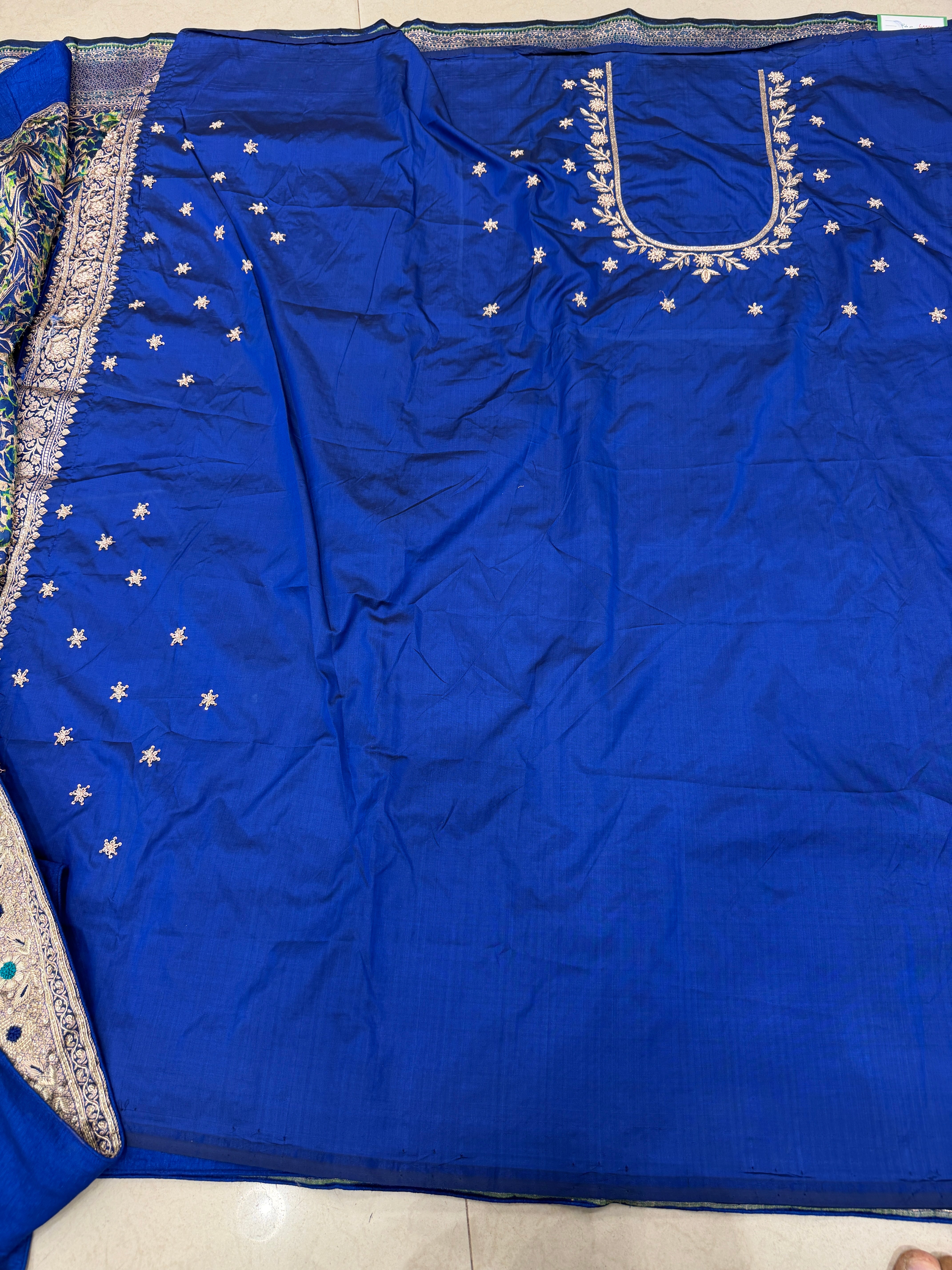 Blue Green Floral Handloom Banarasi Katan Silk Zardosi Hand Embroidery Saree