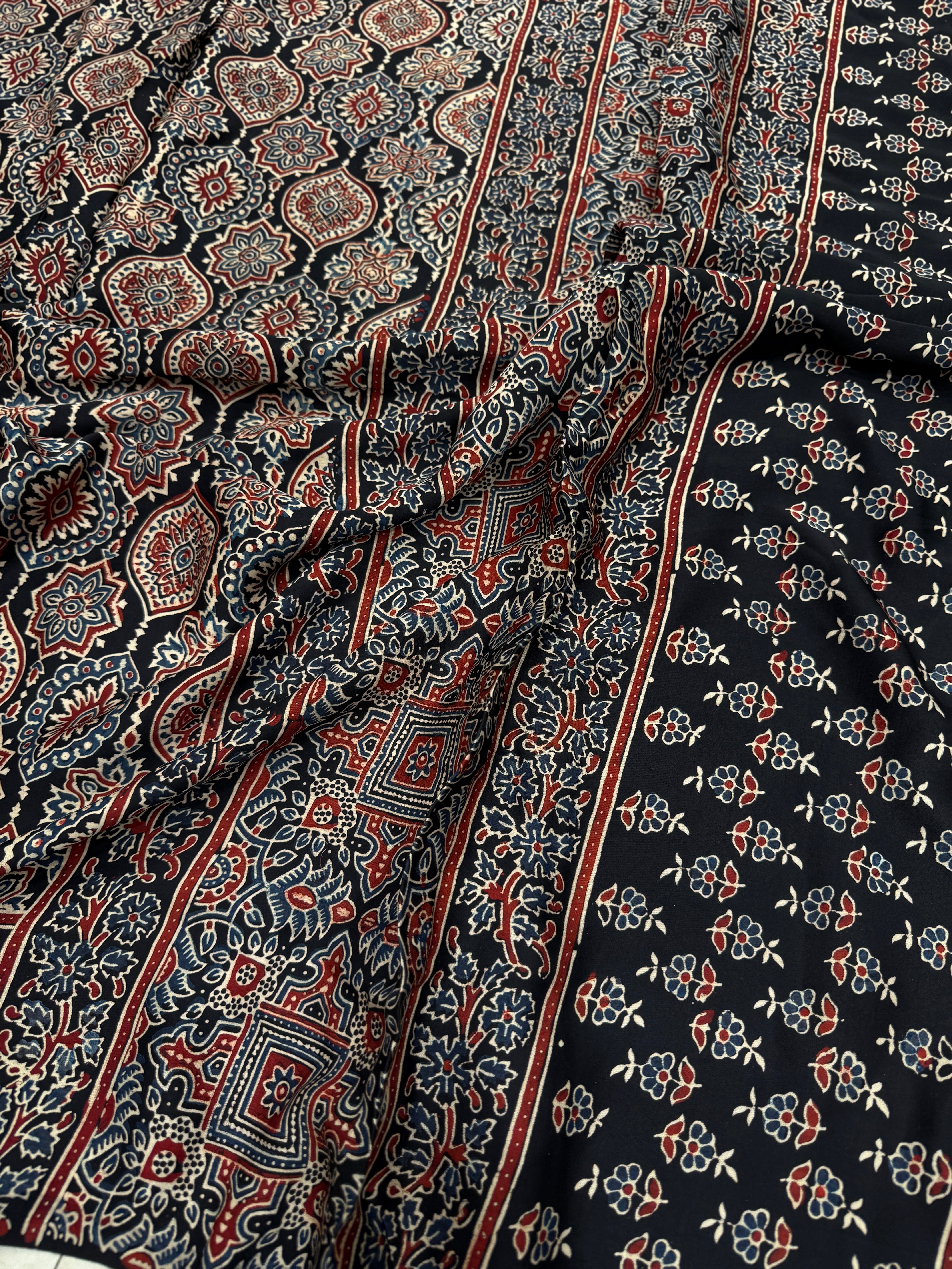 Black Badam Jaal Ajrakh Block Print Hand Pure Gajji Silk Saree