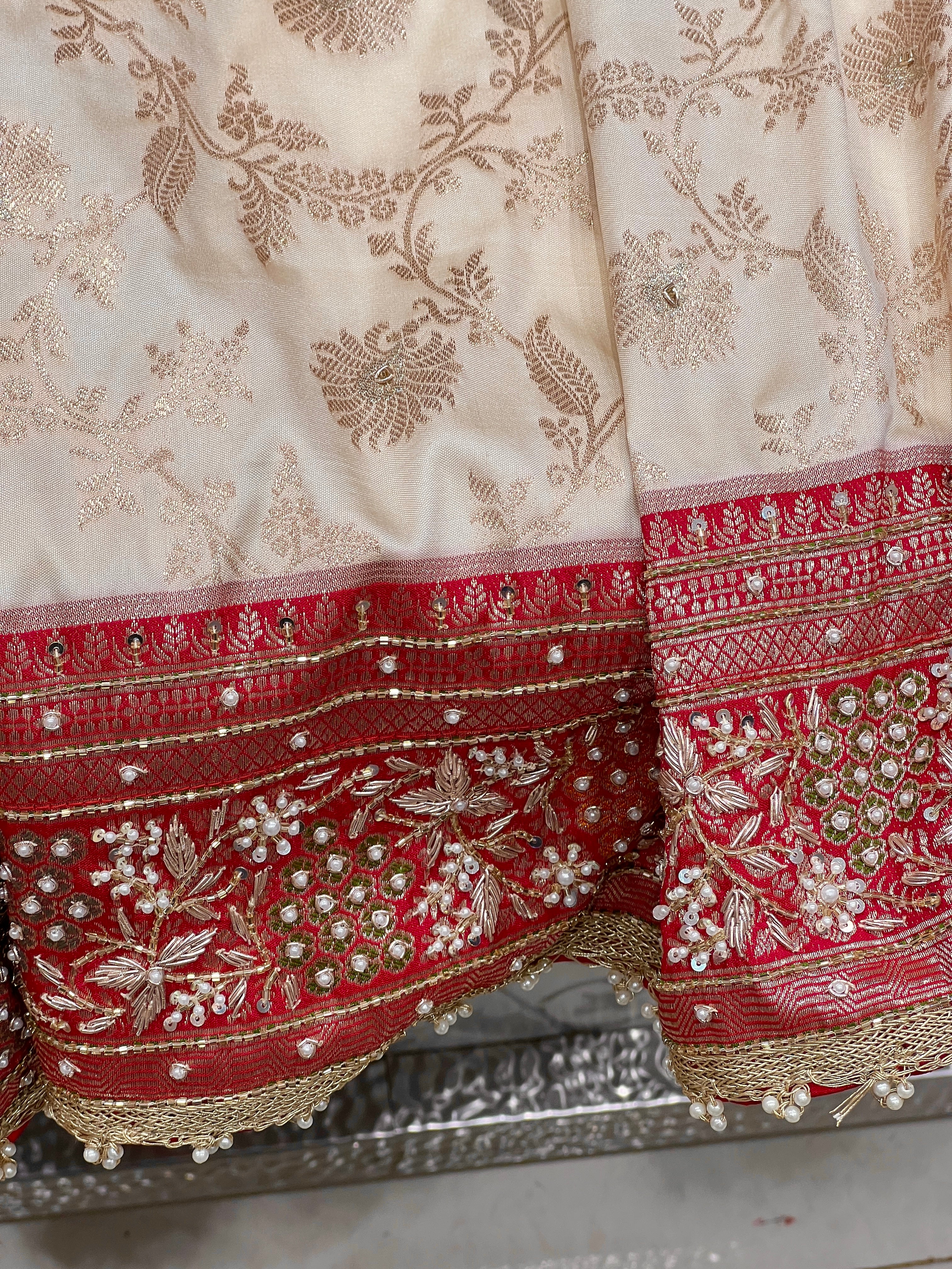 Beige Banarasi Red Meena Border Hand Embroidery Saree