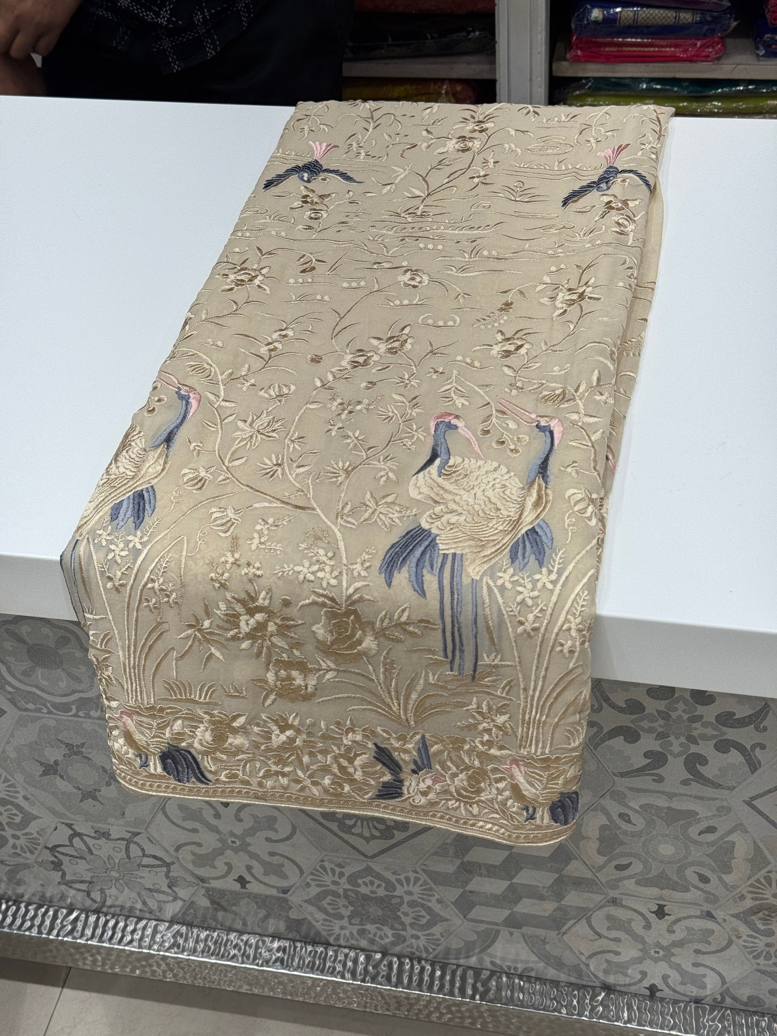 Beige Georgette Flamingo Parsi Gara Saree