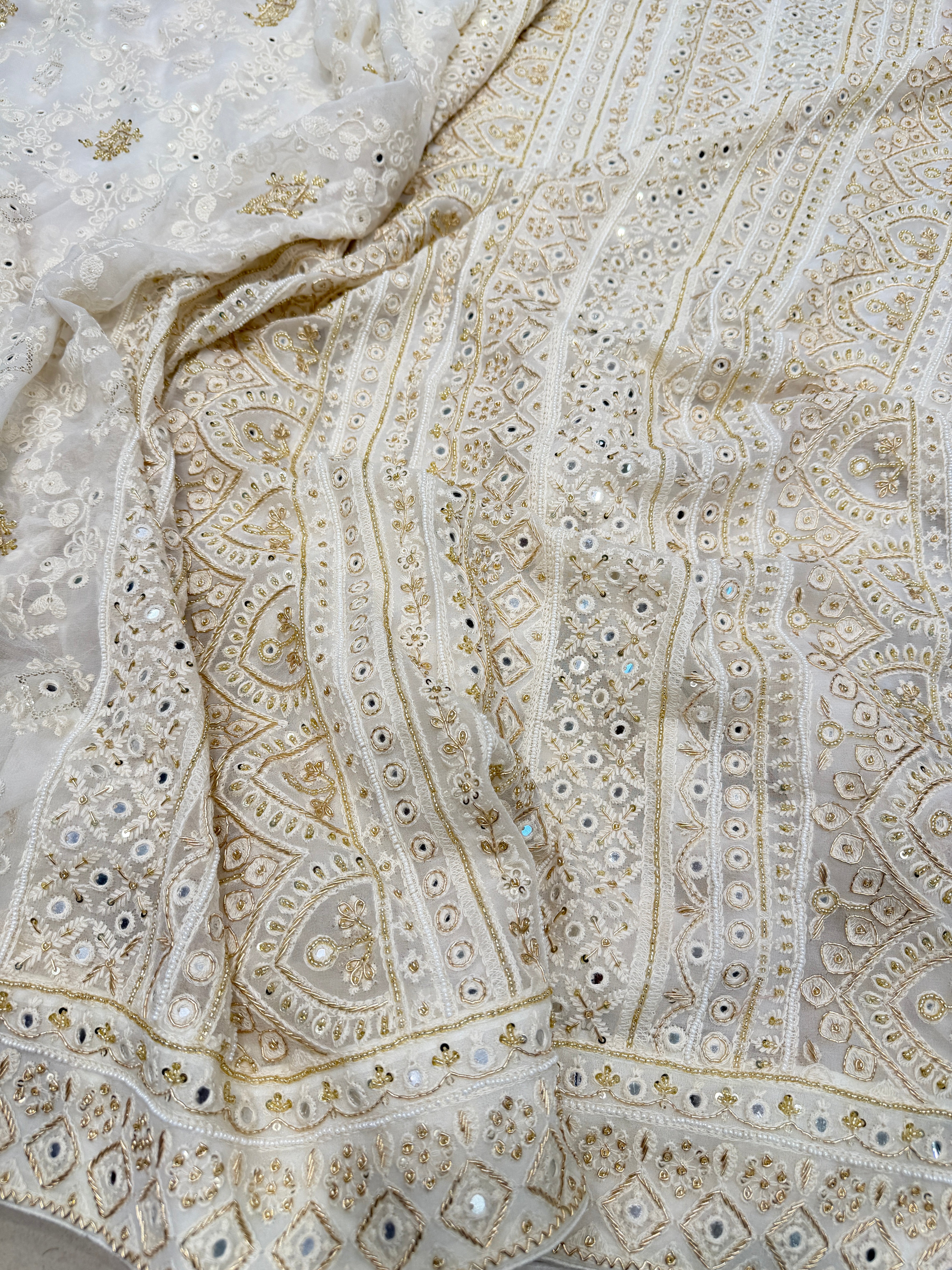 White Chikankari Zardosi Moti Hand Embroidery Saree