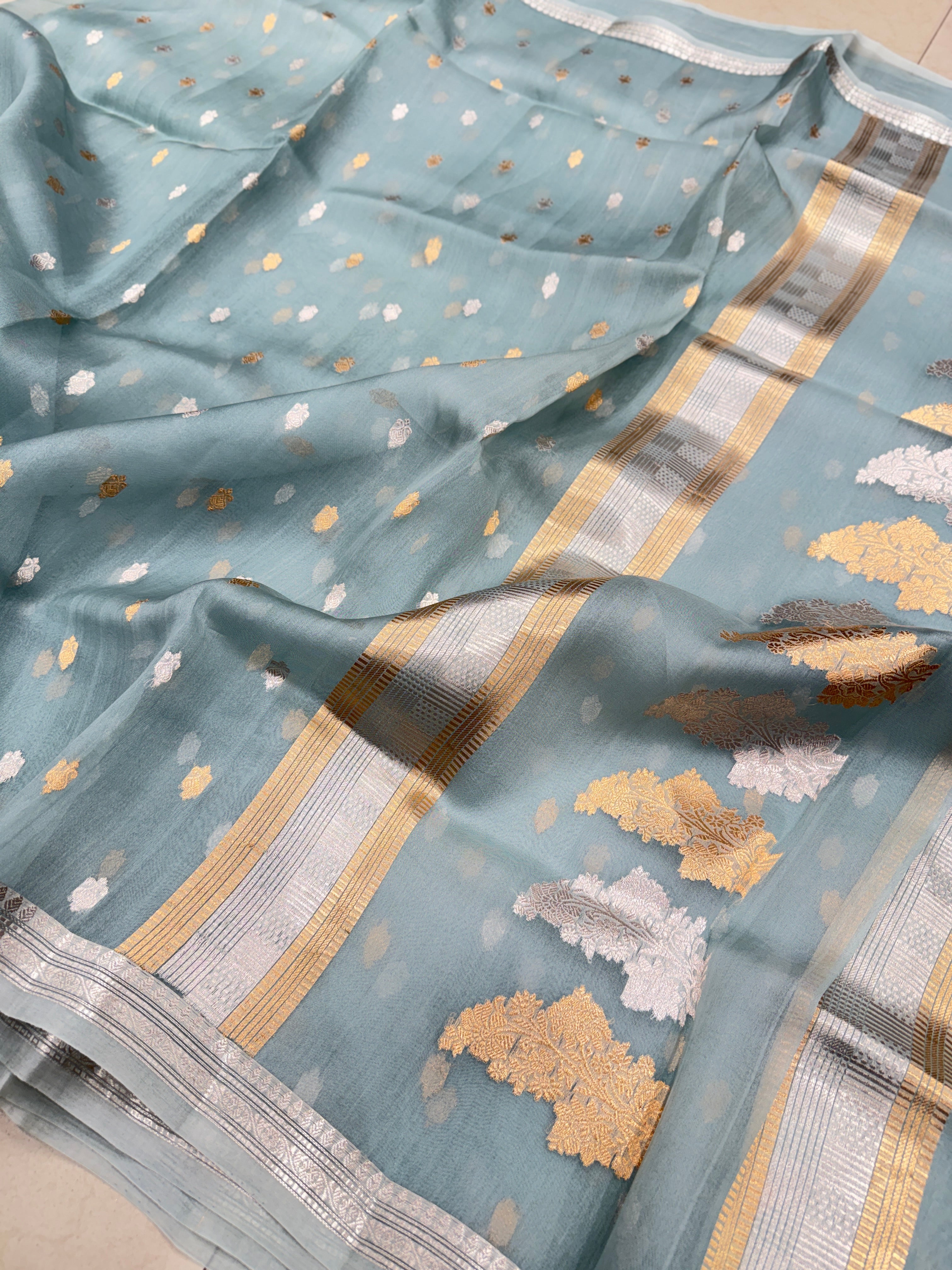 Pastel Sage Green Banarasi Sona Roopa Handloom Kora Silk Saree