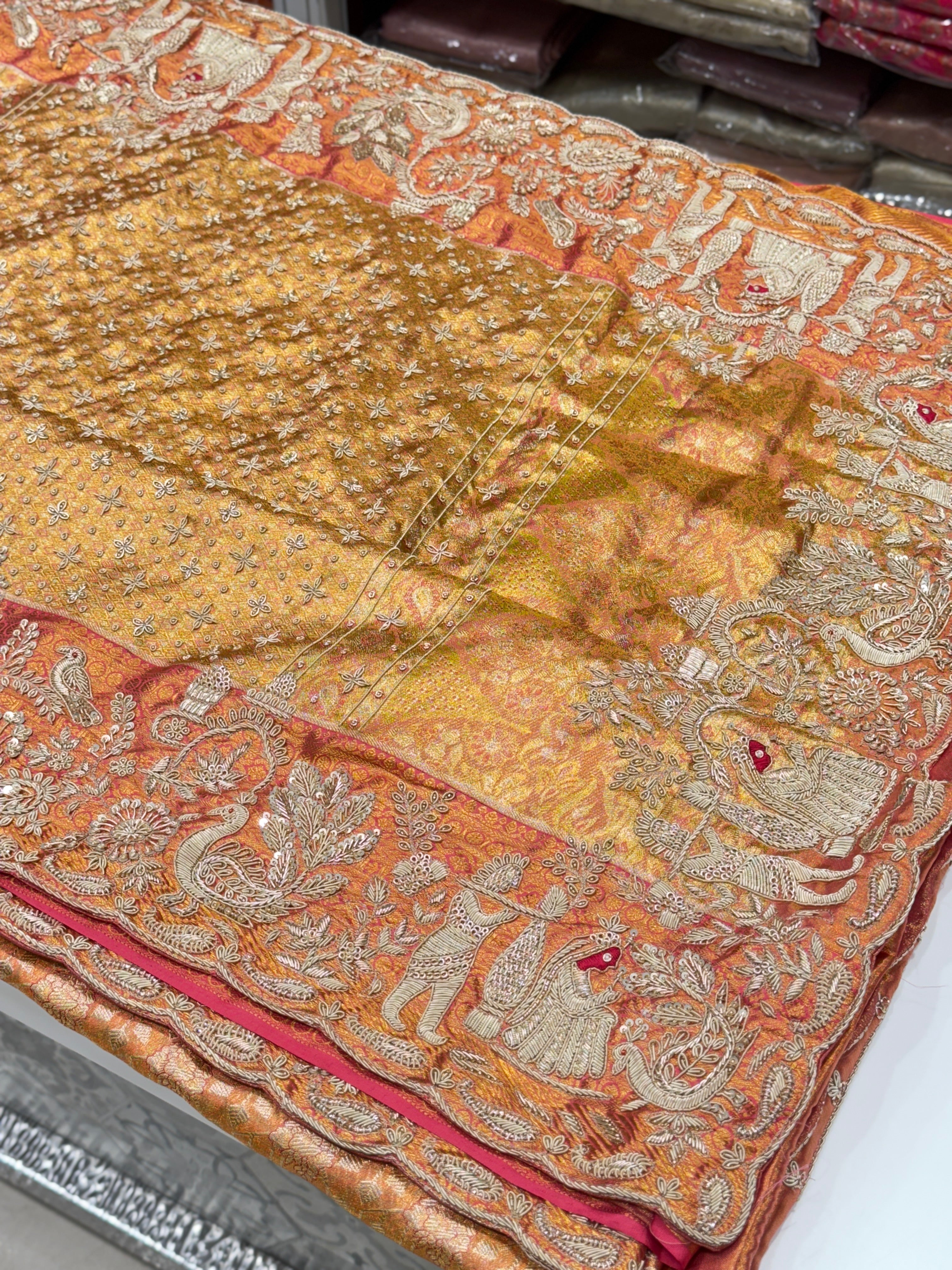 Rust Tissue Kanjivaram Zardosi Doli Hand Embroidery Saree
