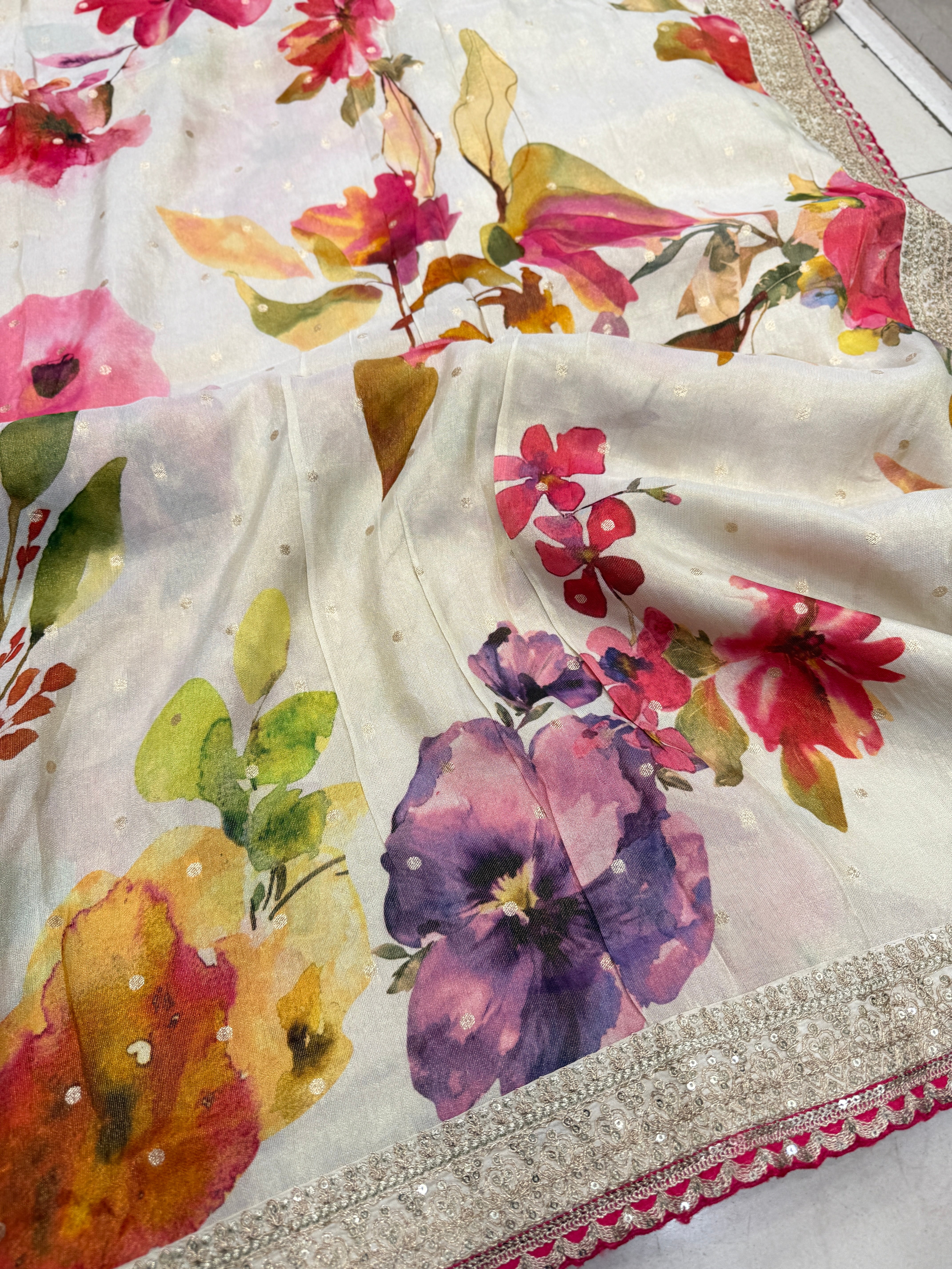 Beige Printed Crepe Tissue Sabyasachi Inspired Border Saree