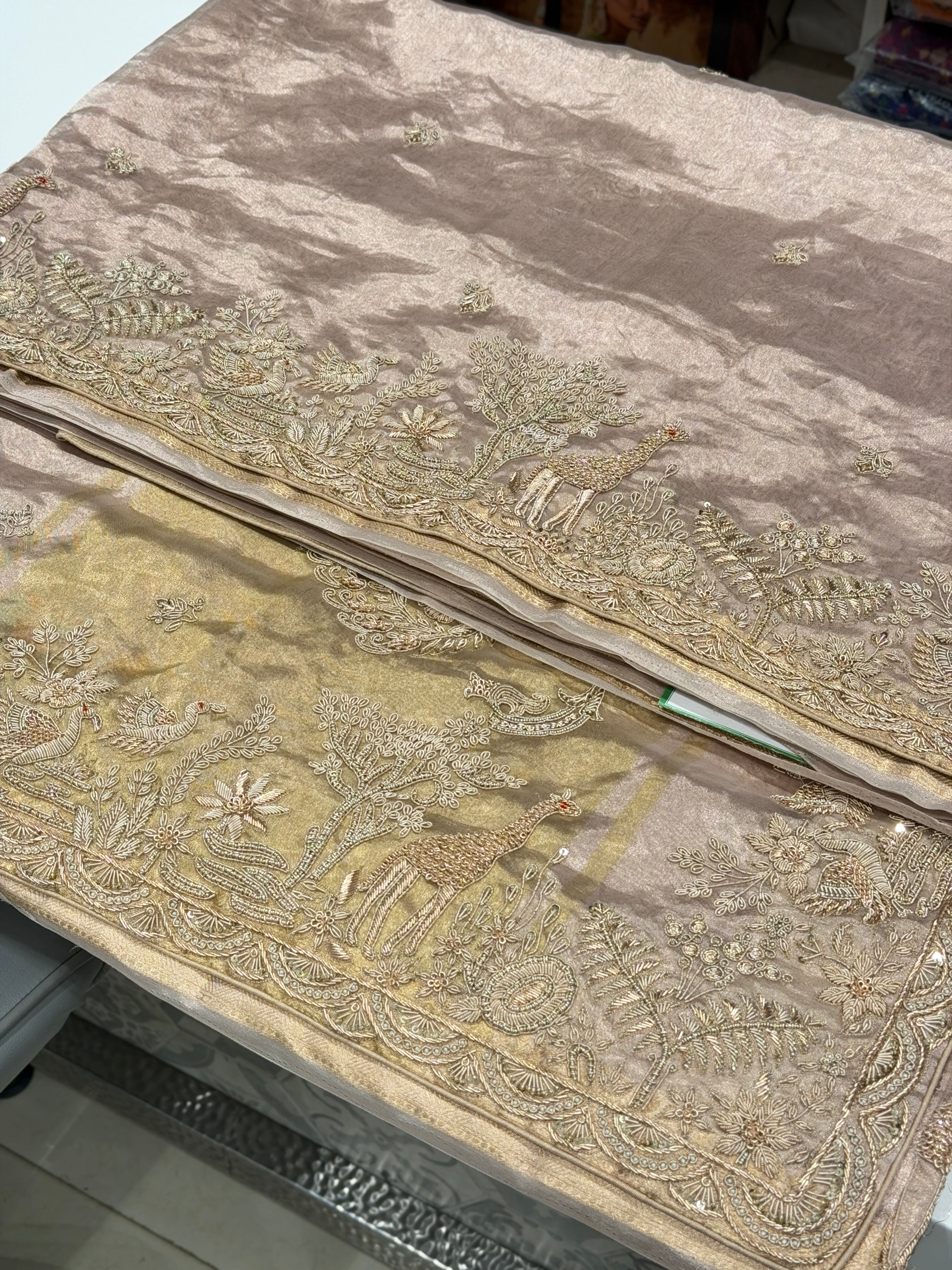 Rose Gold Tissue Parsi Style Zardosi Hand Embroidery Saree