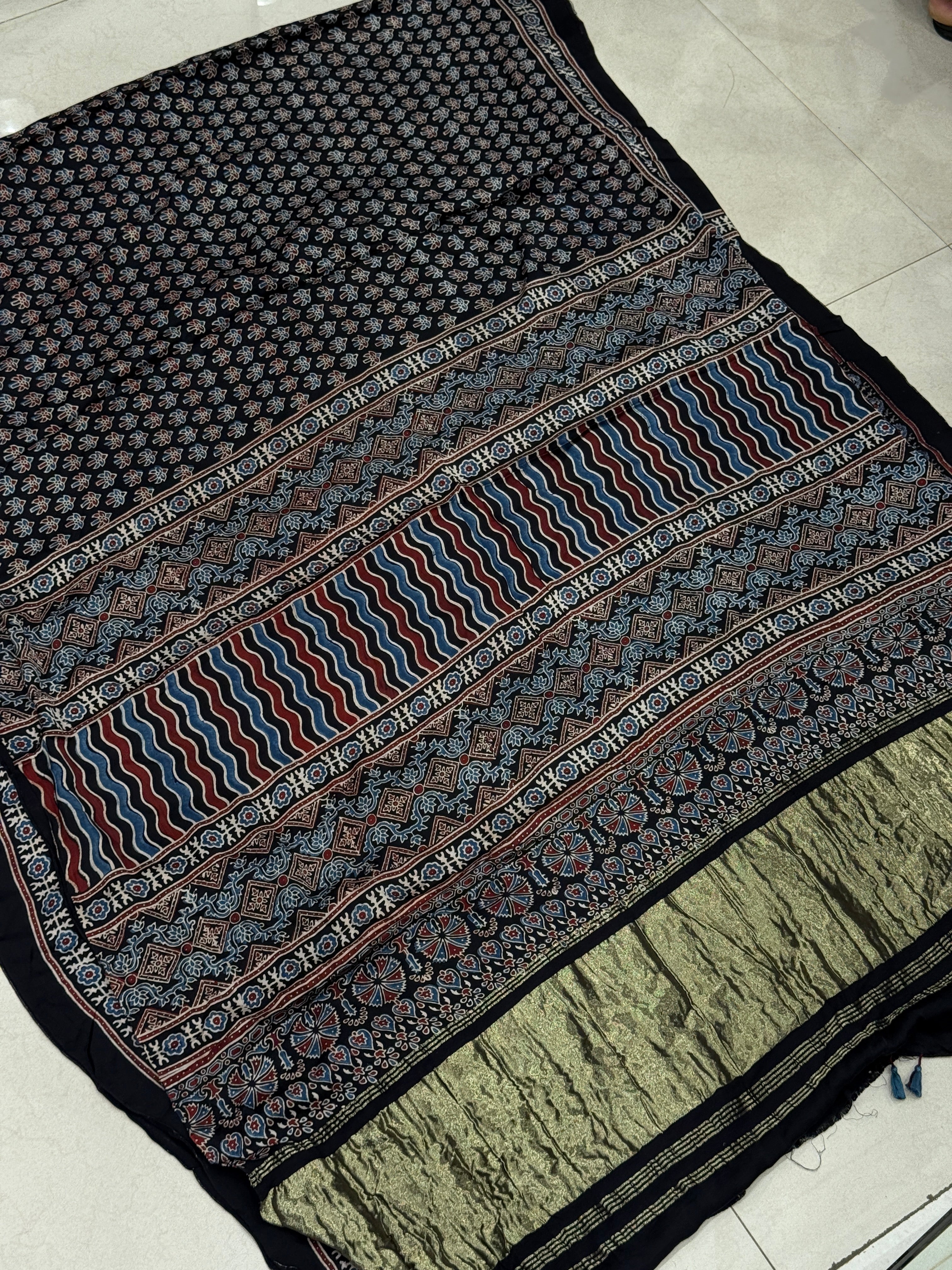 Black Small Tree Buttis Ajrakh Block Print Hand Pure Gajji Silk Saree