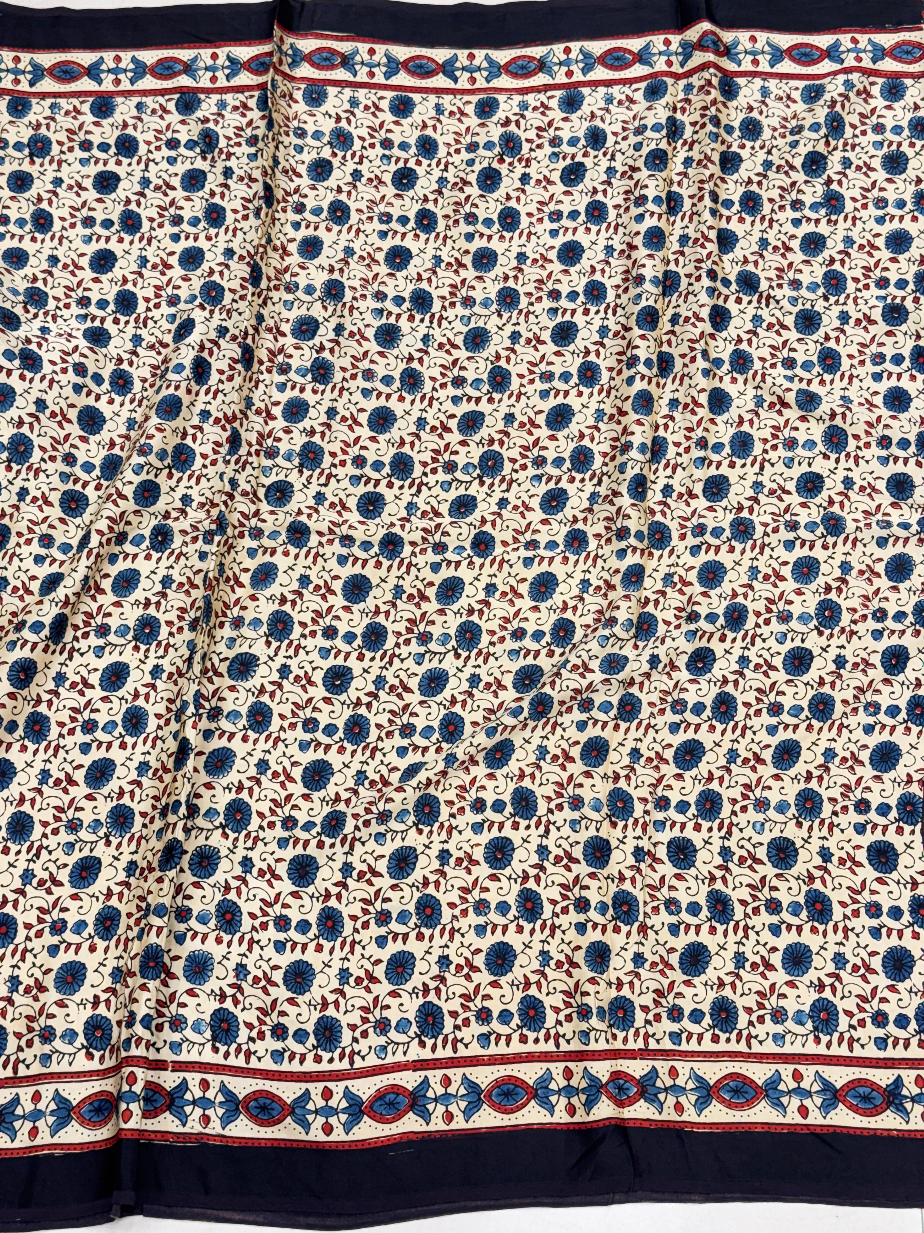 White Floral Jaal Hand Block Print Ajrkah Pure Gajji Silk Saree