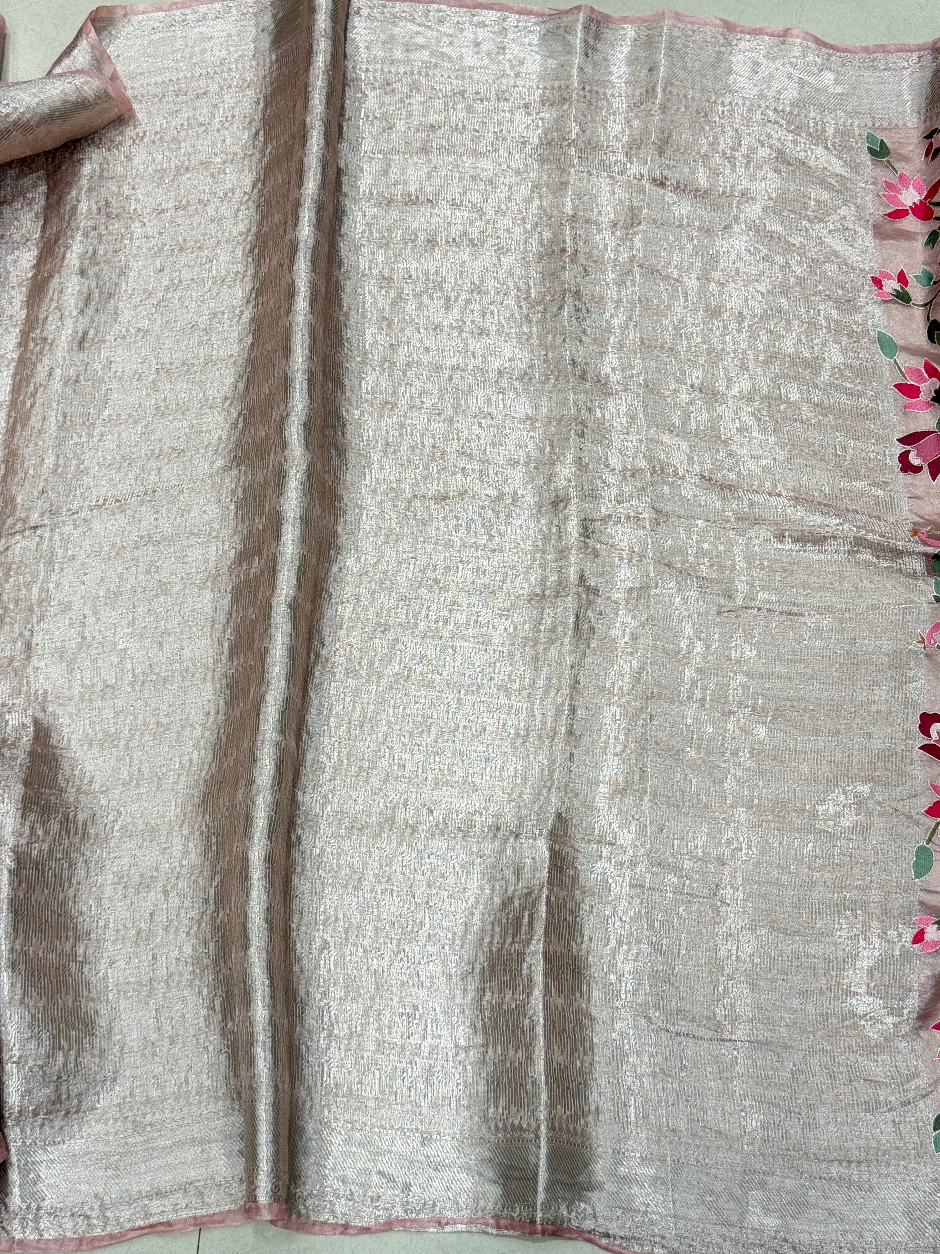 Nude Pink Silver Handloom Tissue Peacock Contemporary Resham Embroidery Saree