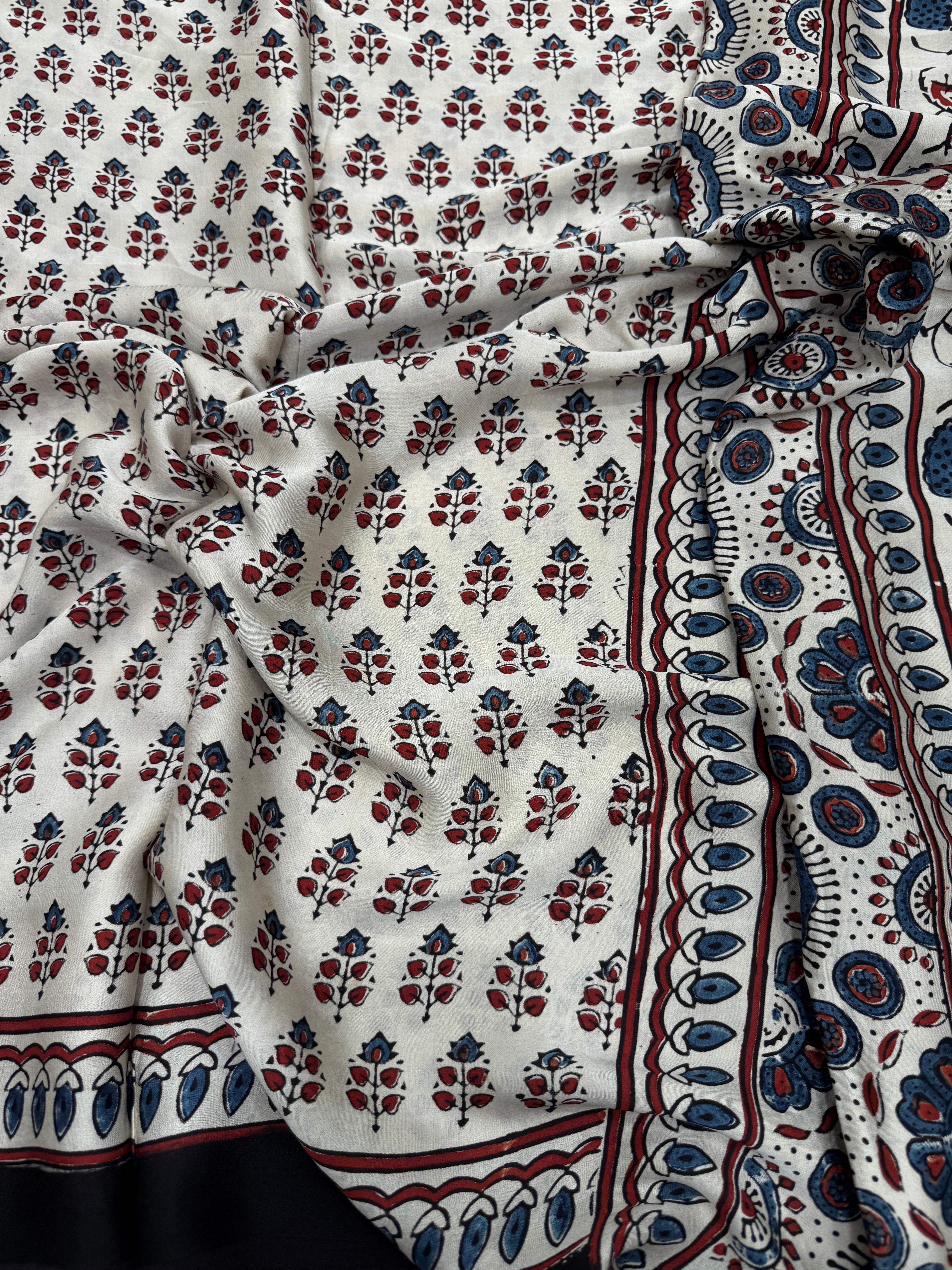 White Small Leaf Butti Modal Silk Ajrakh Saree