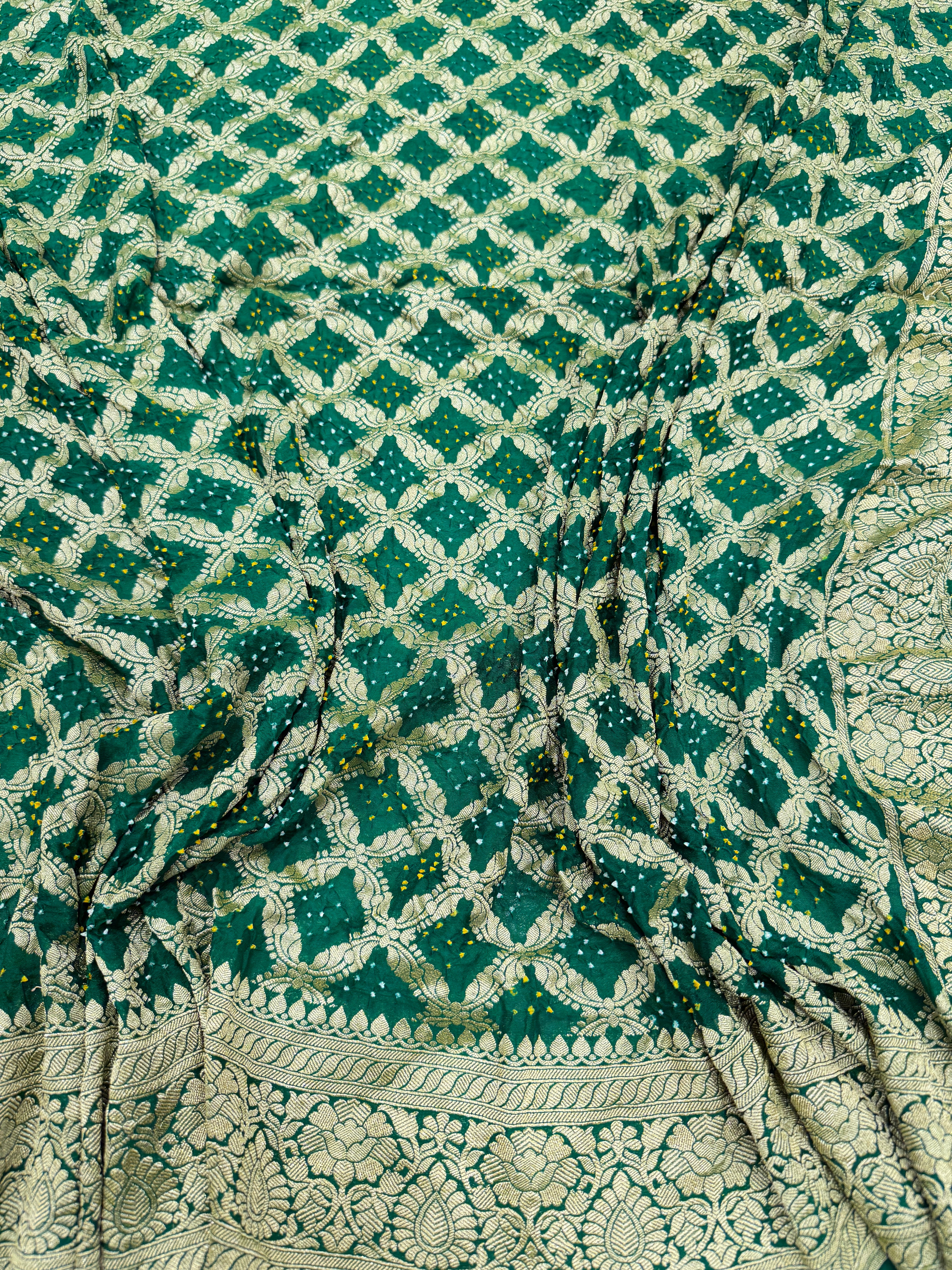 Bottle Green Leaf Border Bandhej Bandhini Saree