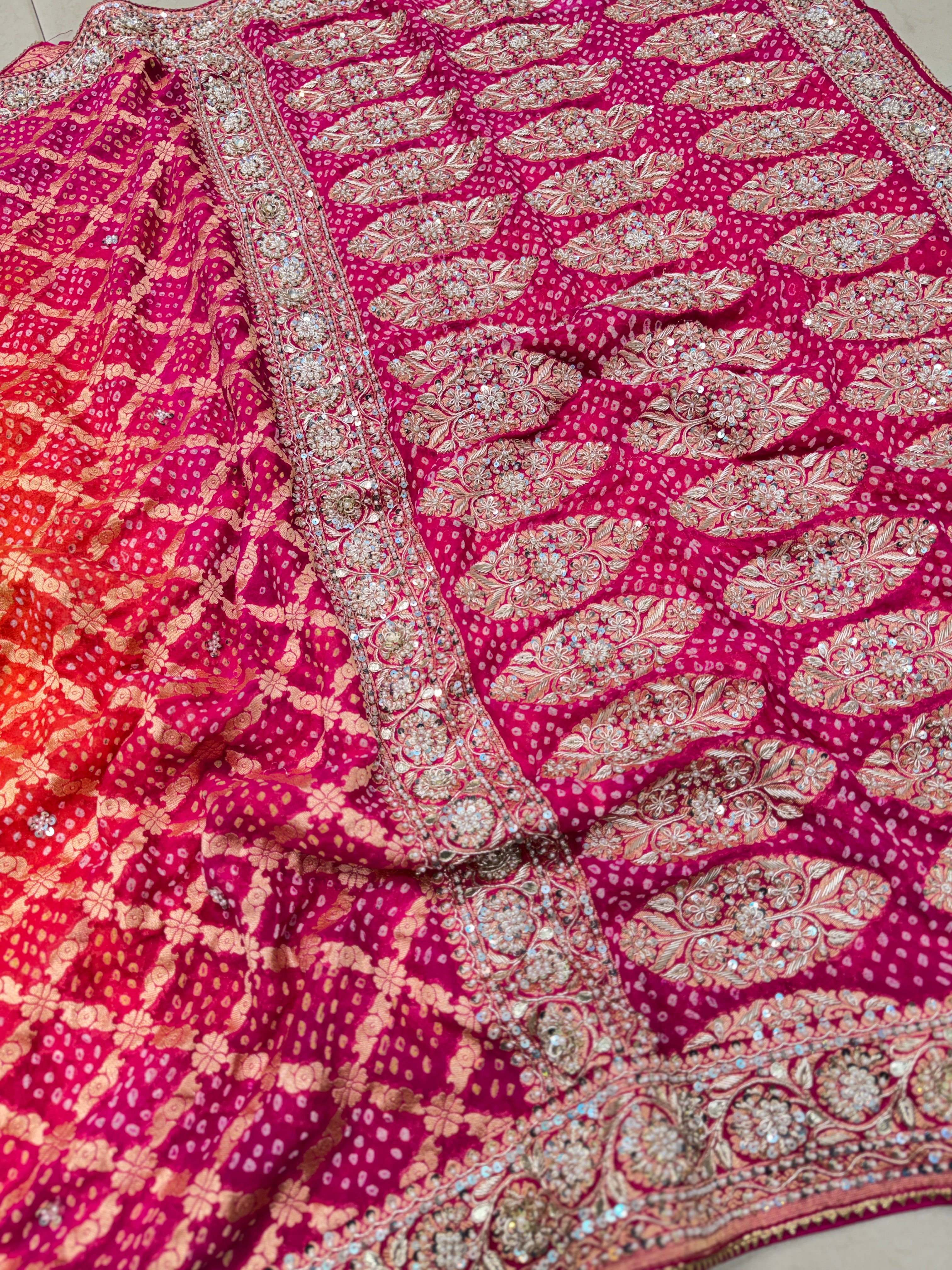 Orange Rani Shaded Bandhej Zardosi Embroidery Saree