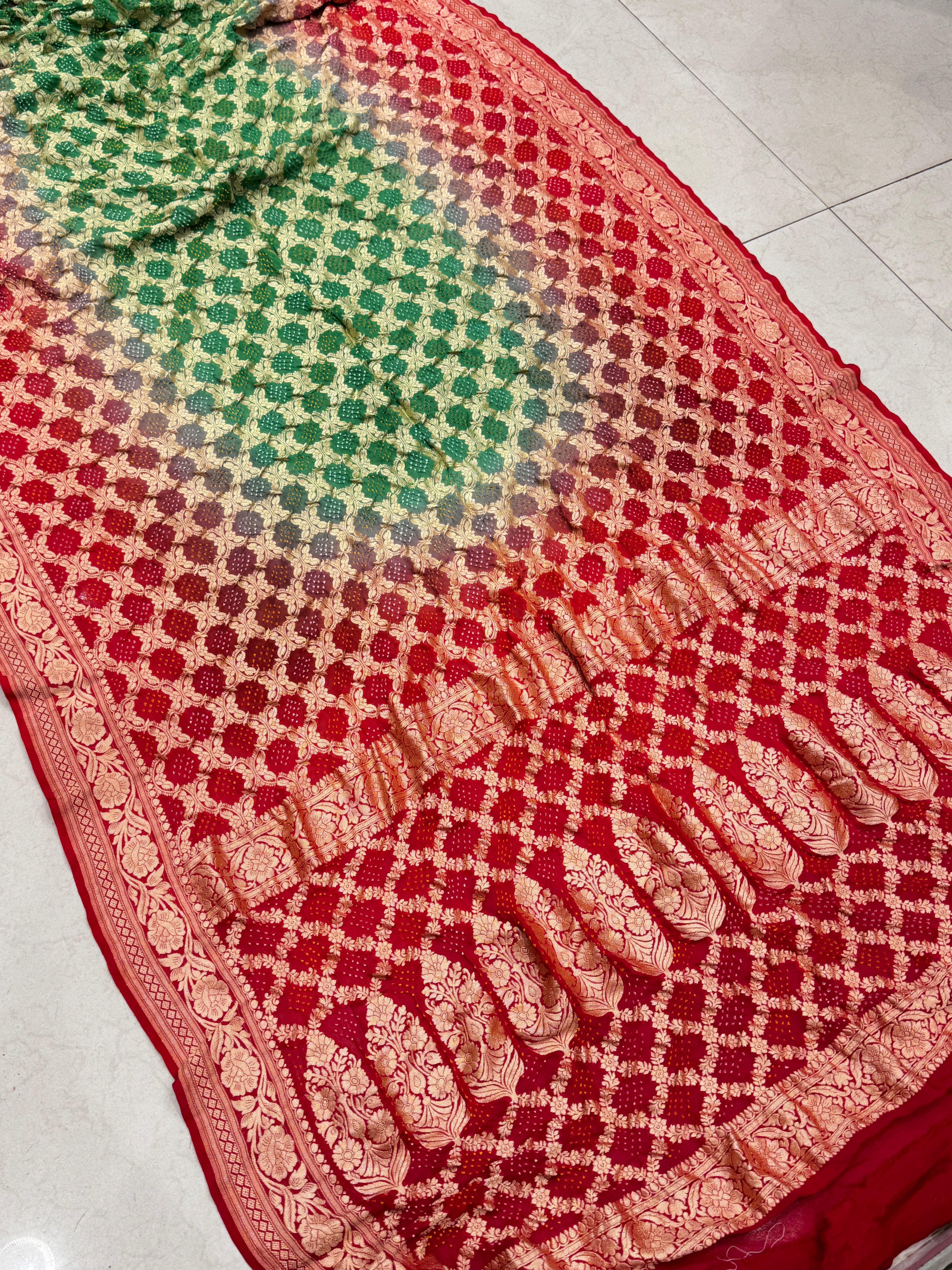 Red Green Shaded Bandhej Shaded Saree