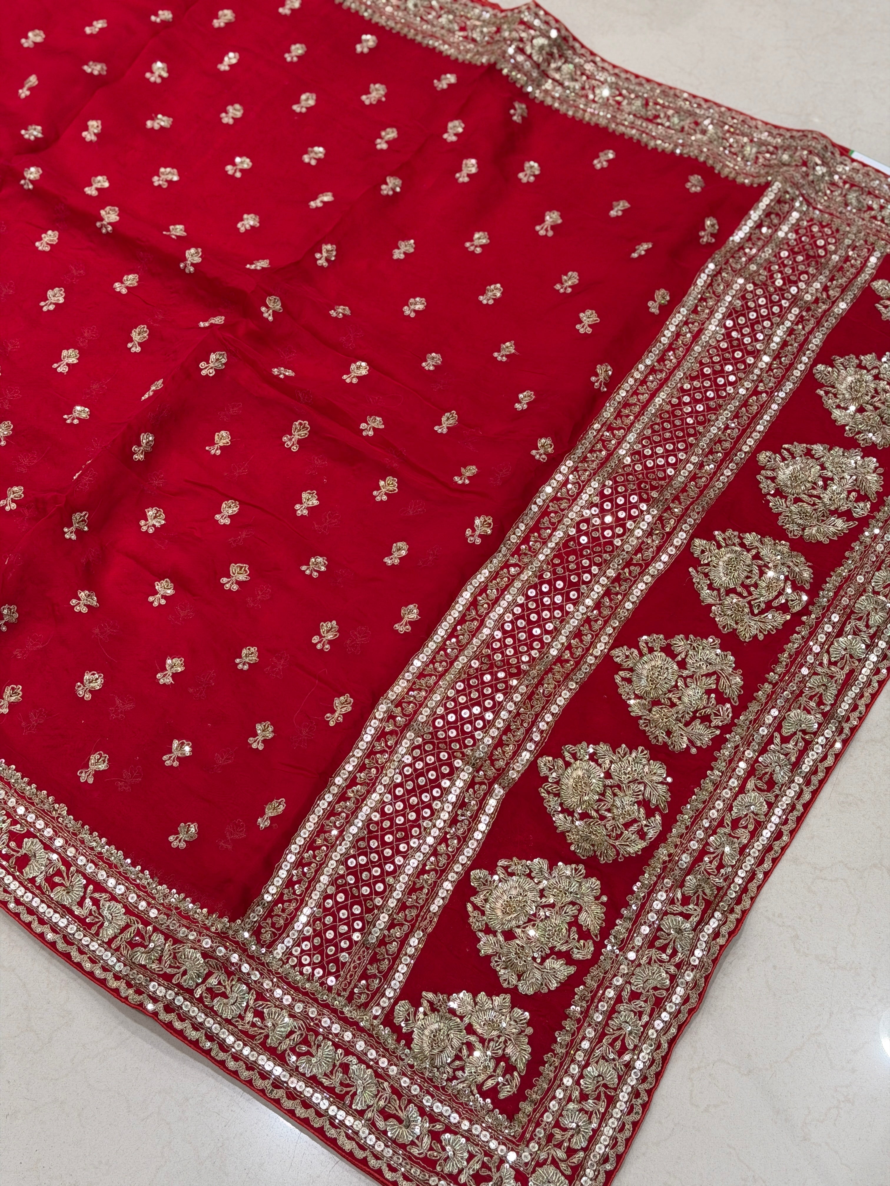 Red Satin Organza Sabyasachi Inspired Zardozi Butti Saree