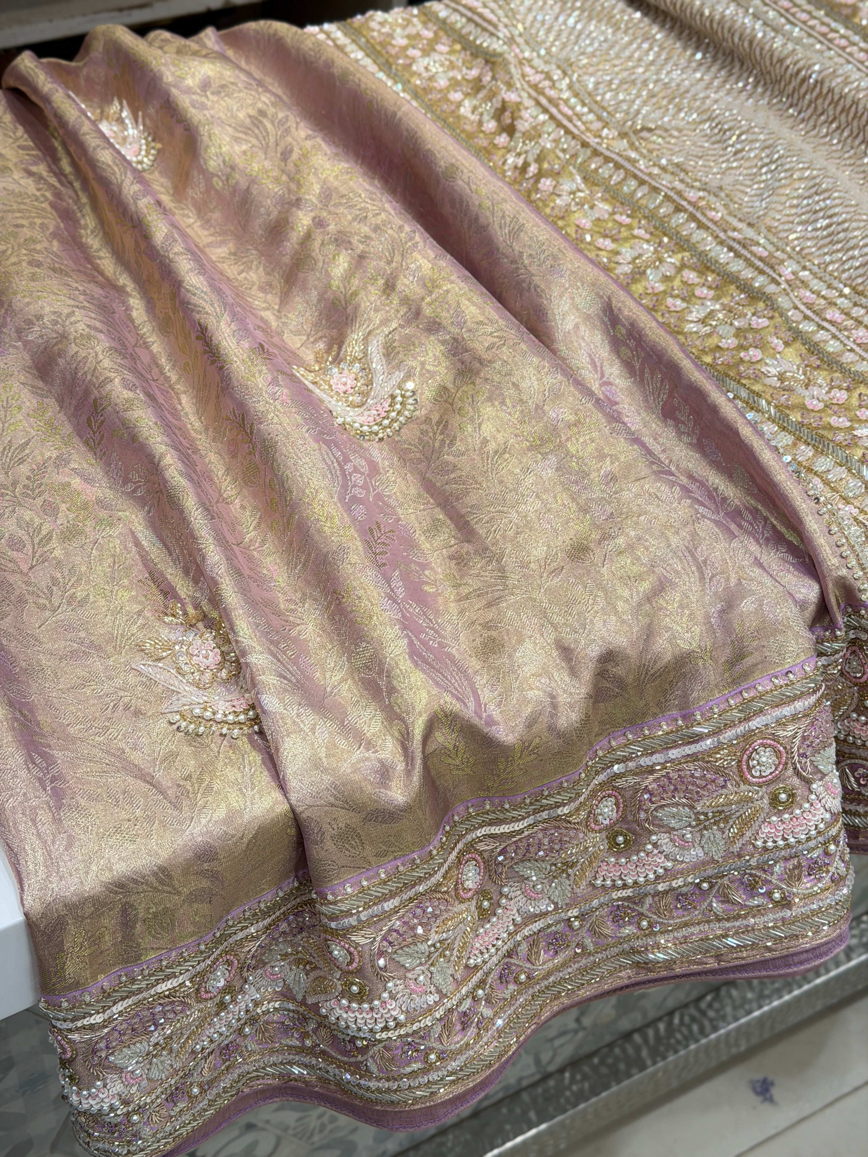 Lilac Floral Tissue Kanjivaram Hand Embroidery Saree