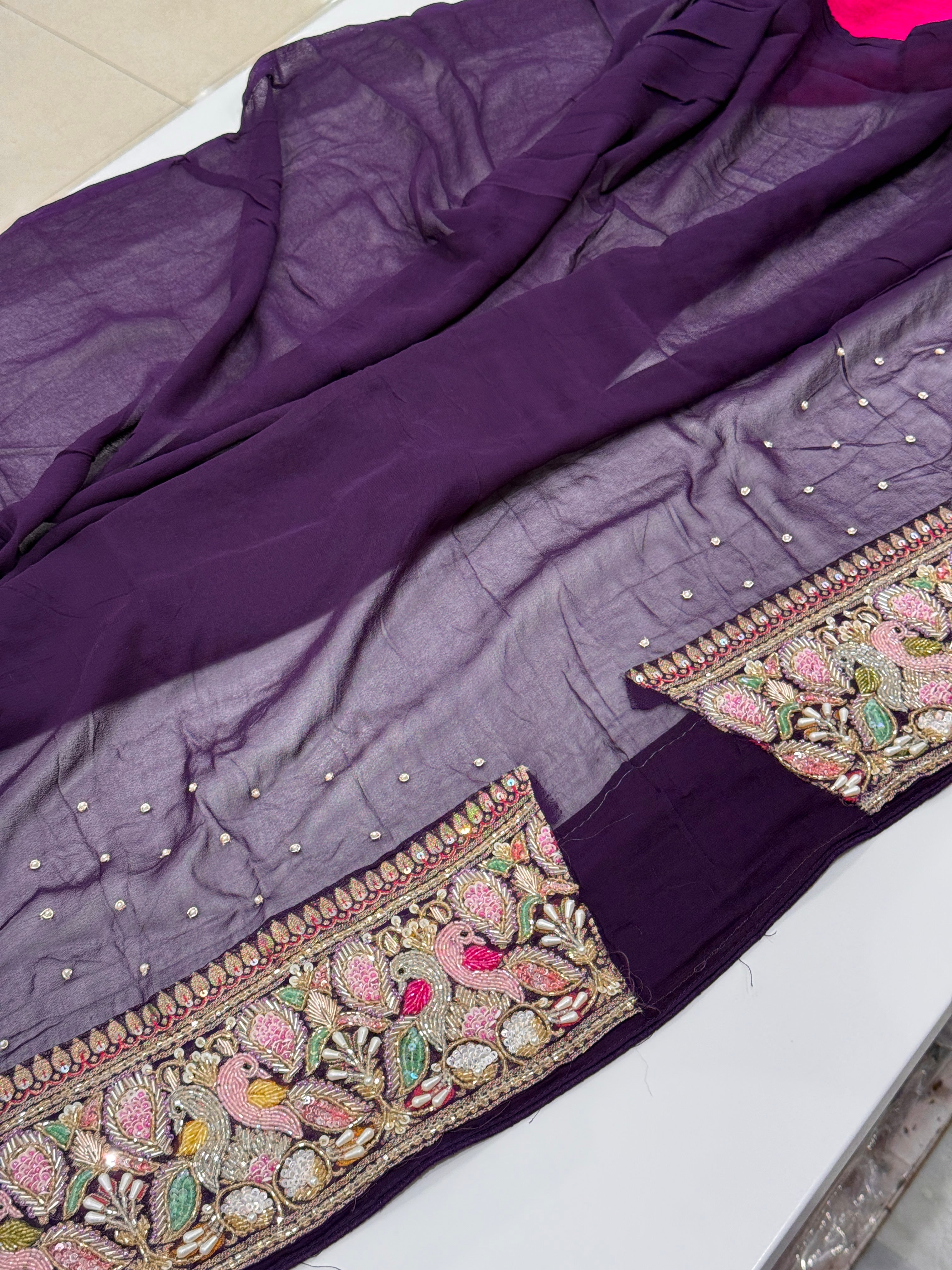 Rani Purple Gharchola Moti Sequin Zardosi Hand Embroidery Georgette Saree