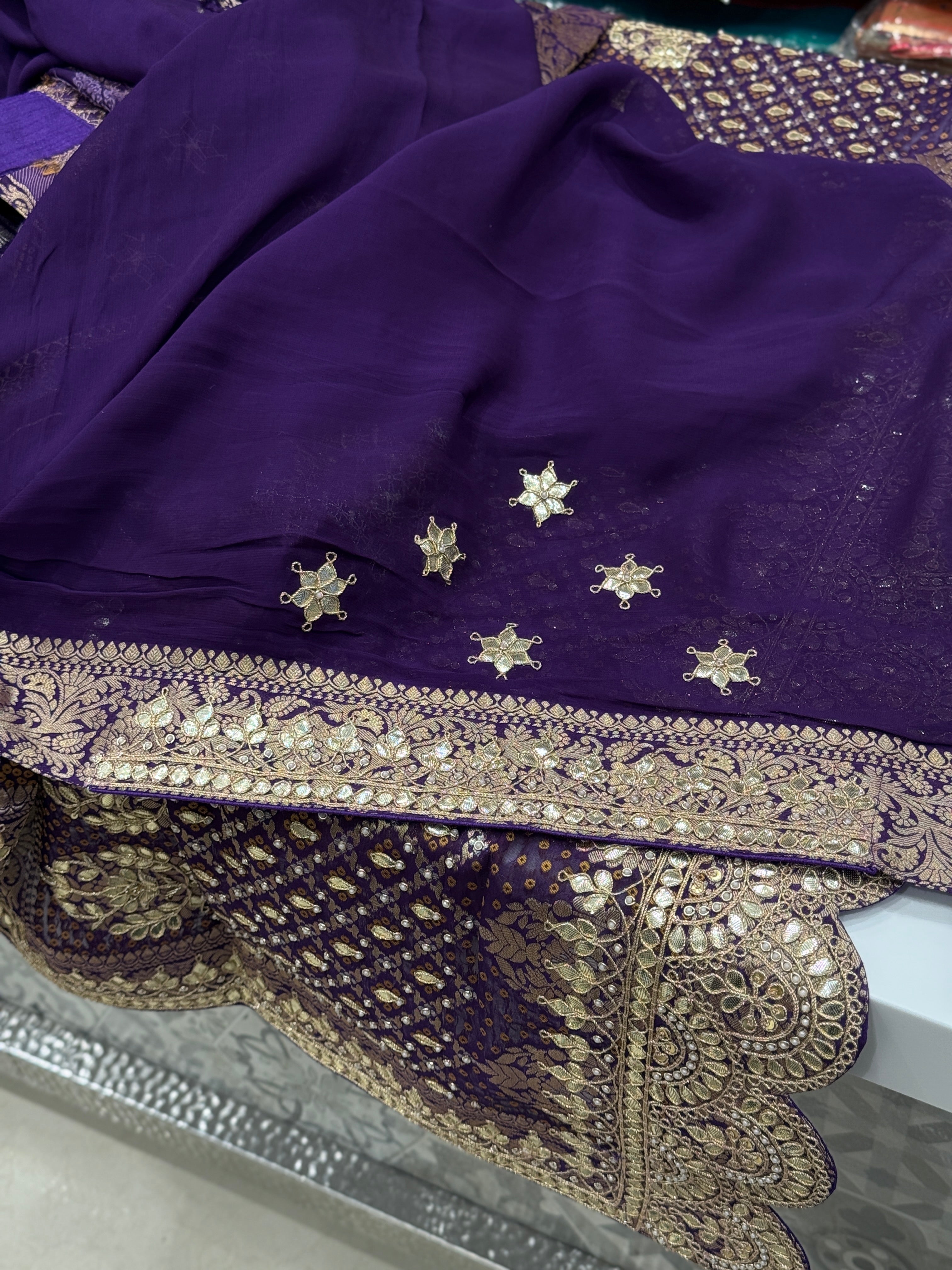 Violet Woven Bandhej Gotapatti Saree