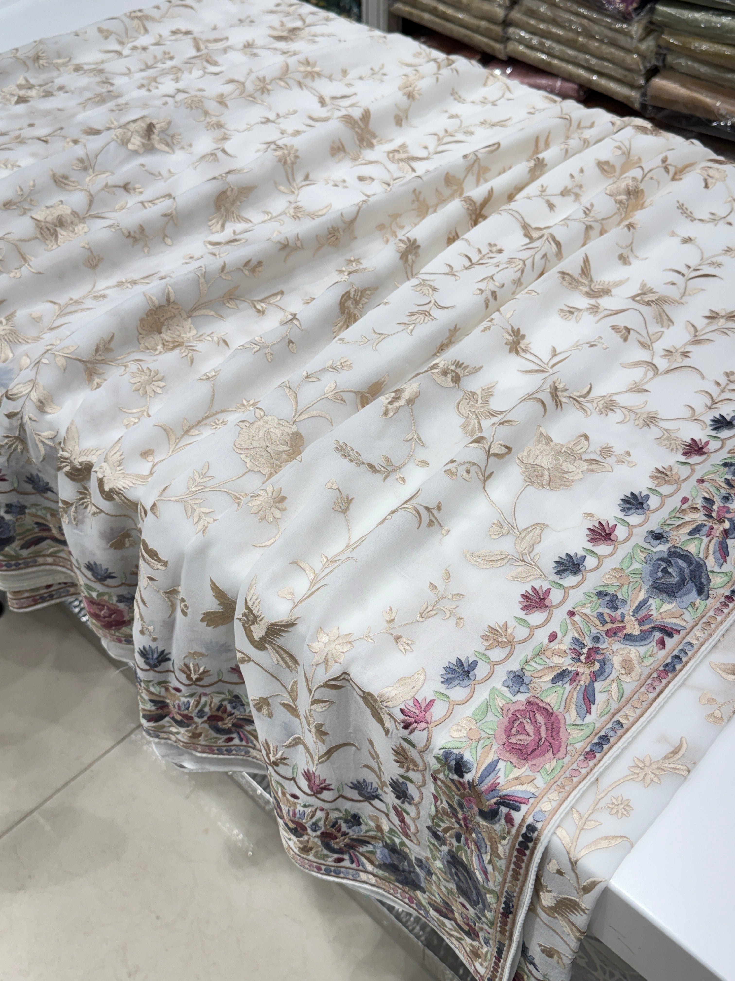 White Georgette Multi Colour Jaal Parsi Gara Saree