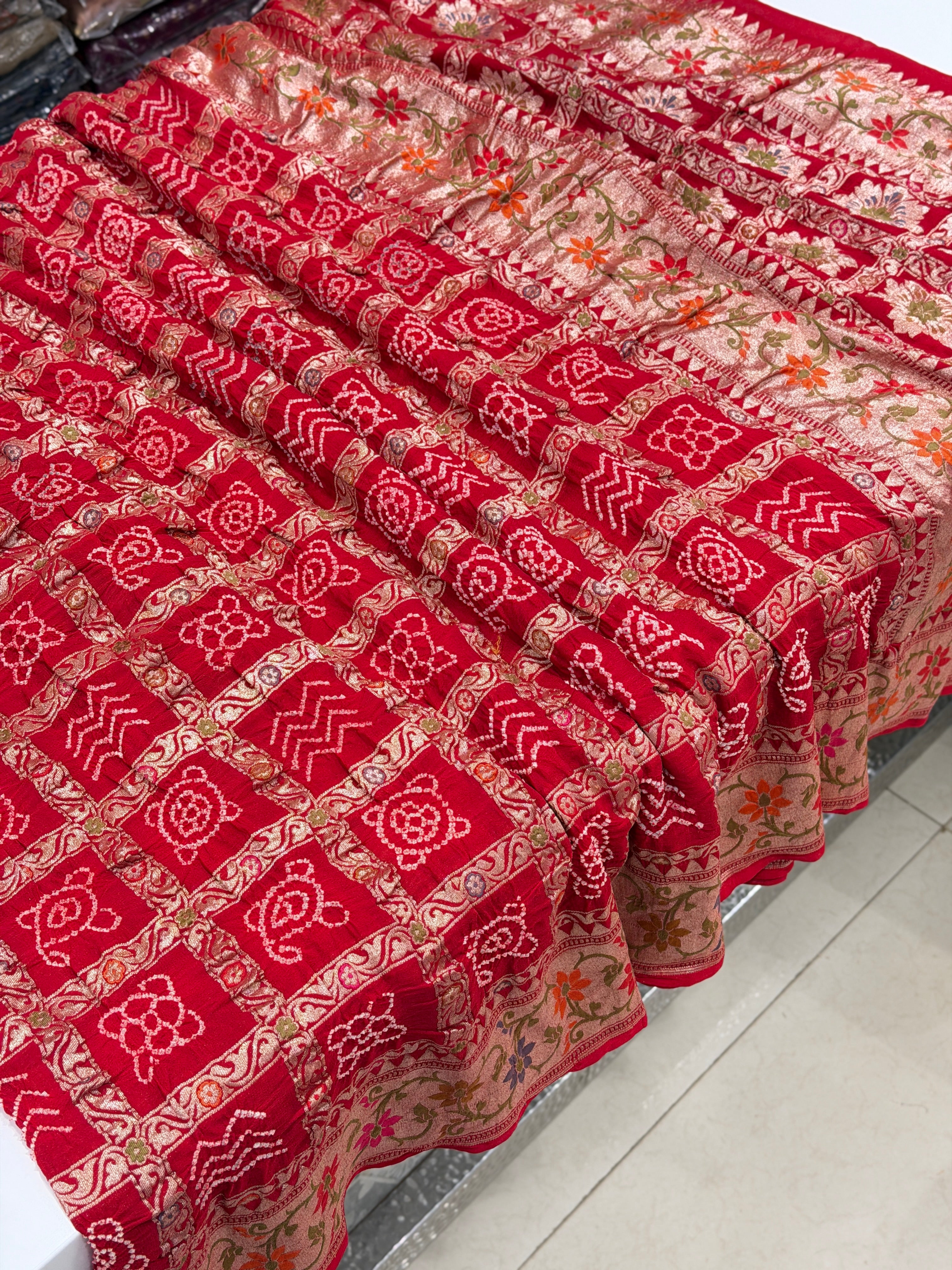 Red Gharchola Bandhej Meenakari Pure Georgette Rai Bandhej Saree