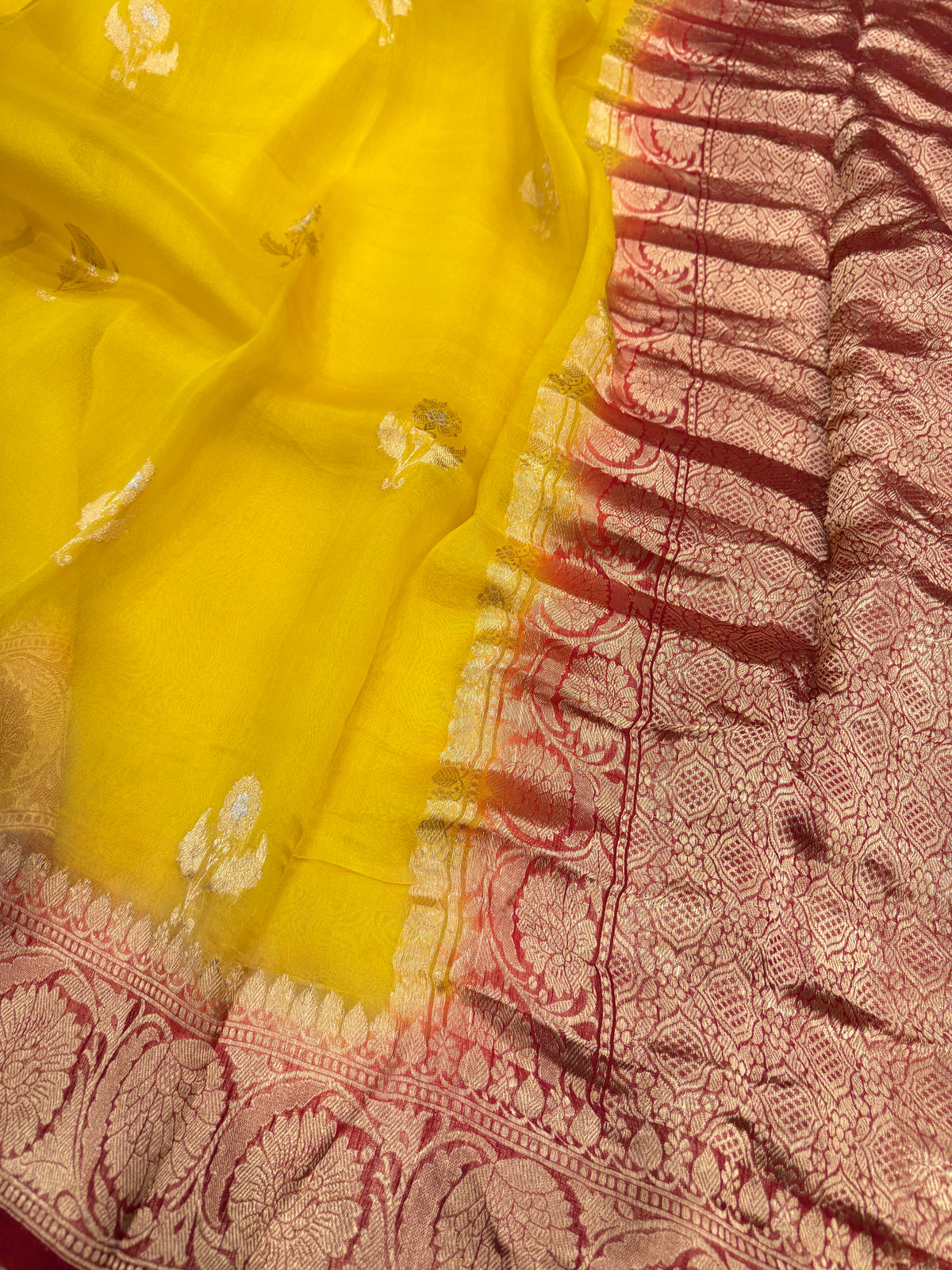 Yellow Red Buttas Handloom Banarasi Kora Silk Saree