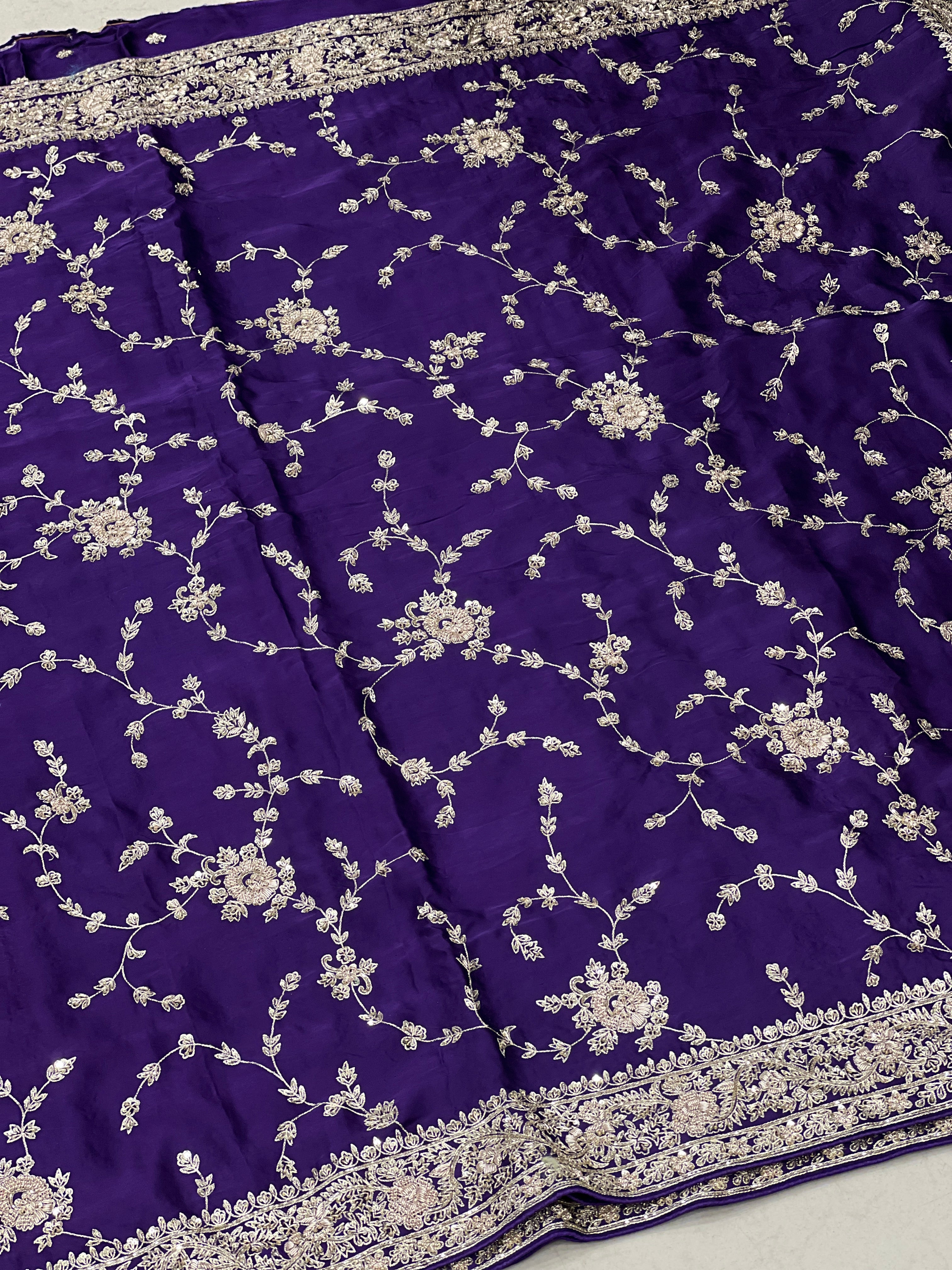 Violet Hand Embroidery Jaal Pure Satin Zardosi Embroidery