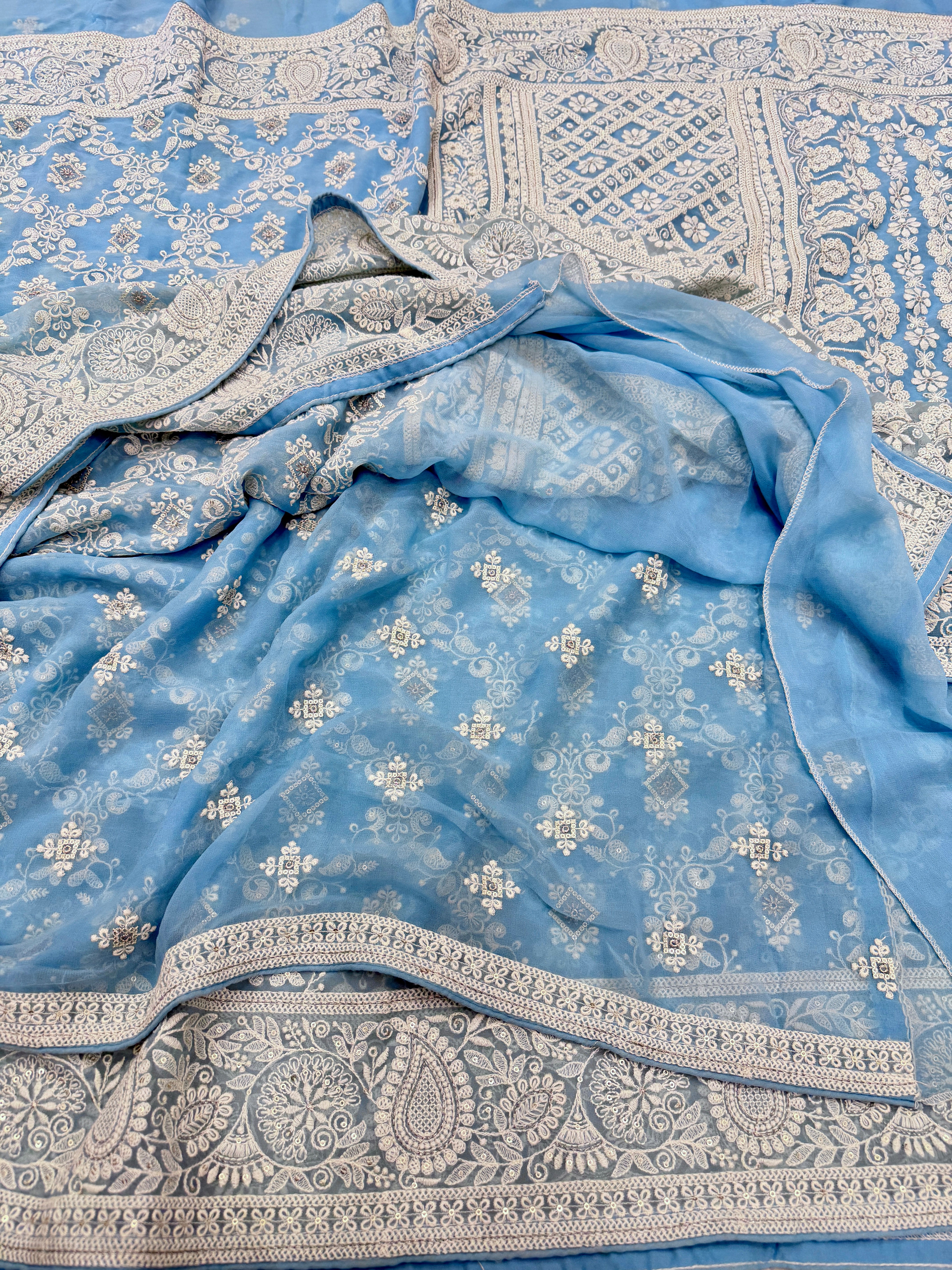 Light Blue Chikankari Georgette Cross Jaal Saree