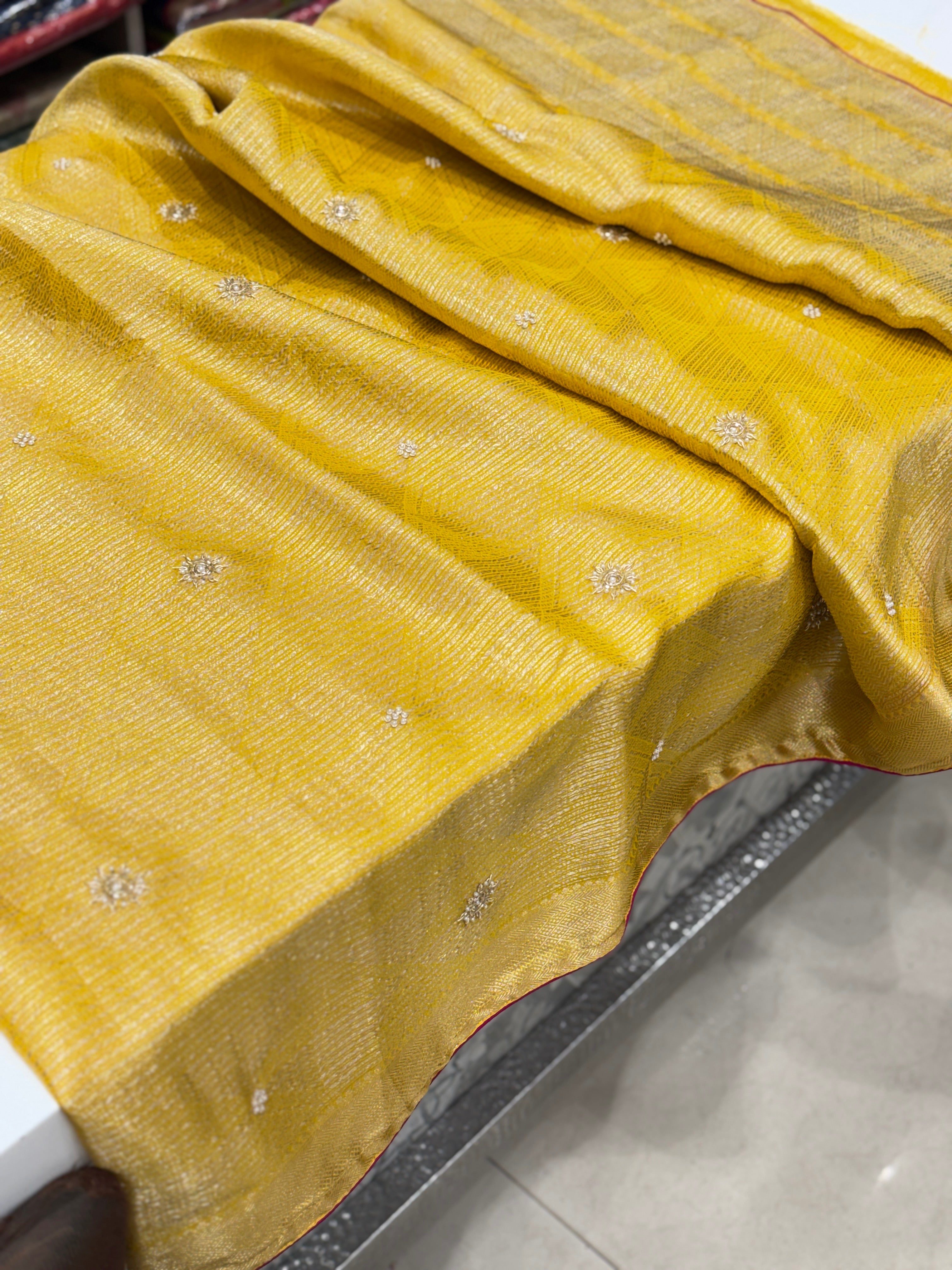 Yellow HO Silk Woven Sitara Buttis Saree With Contrast Rani Blouse