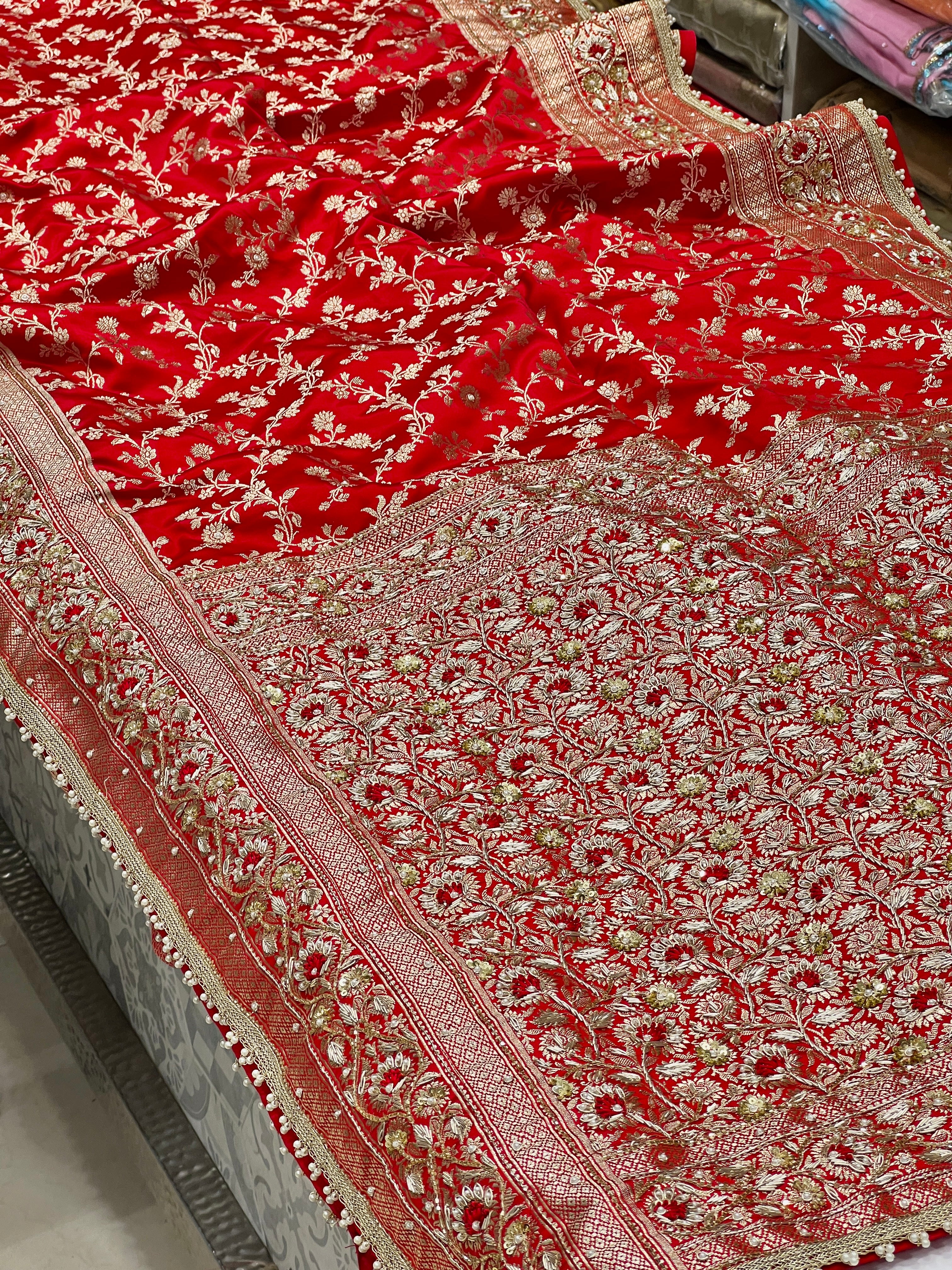 Red Banarasi Zardosi Resham Hand Embroidery Saree